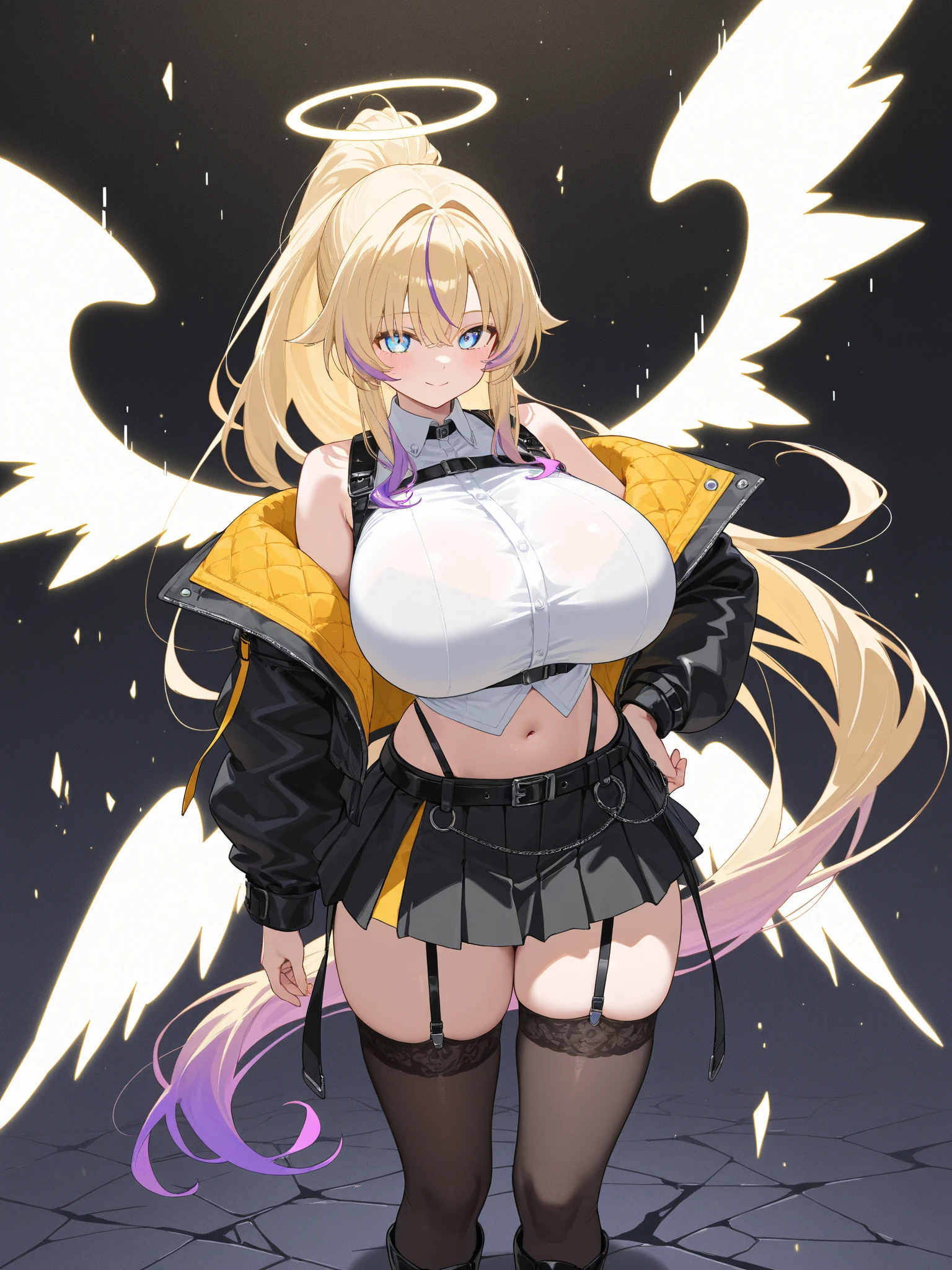 Girl, short white hair, yellow eyes, butterfly wings, butterfly horns, big breasts, exposed belly, short pants