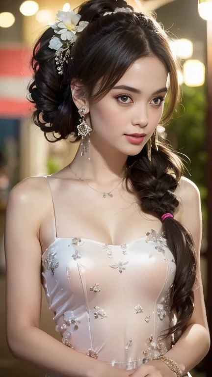 Beautiful, cute baby Face, 17 Years old russian lolita Girl, blue eyes, high ponytail hair, black hair, hair ornaments, wearing sexy strapless pink kebaya dress, Rounded medium Breast, open breast, medium breast, nipple, nude, breast naked, slightly Chubby , luxury necklace, White Skin, Smiling, Dark City Background, full body portrait, high heels, Perfect Potrait, Bokeh Effect, Look at Viewer, Armpit, Perfect Eye, Perfect Hand, Perfect Finger, Bracelet, Ring, ((adorable:1.2)), ((masterpiece:1.1)), ((bokeh:1.2)),