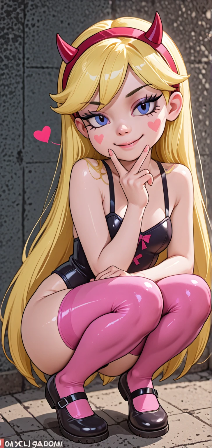 1girl,solo,(shiny clothes),(pink strapless),tight dress, midriff,pencil skirt,highleg,green skirt, twintails, (loli:1.8),eyelashes, (makeup:1.4),(lipstick:1.4), (night:1.3), flat chest, pink eyes, blonde hair, smirk, alley,against wall, partially visible vulva, navel, legs apart, cleft of venus,shoulder bag, high heels, animal collar, facing viewer,