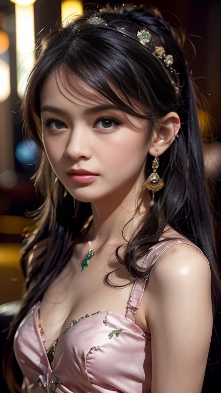 (High resolution 8K), Masterpiece, best quality, realistic ((Medium bust)), hair in one eye, purple eyes, big hoop earrings, sharp eyes, Diamond choker, red gemstone necklace, (symmetrical eyes), (The body is perfectly symmetrical.), Photo of a beautiful 20 year old teenage girl., (The right shape), ((in the teacher&#39;s room)), (black mini skirt), university uniform, (( The young woman wore a tight-fitting white short-sleeved shirt., The buttons are unbuttoned., open chest)) ((Black short pencil skirt The skirt has a deep slit in front of the legs.)), belt, bob, long hair, Lateral smoothness, Blonde hair, Double eyelids, sharp eyeliner, Eye shadow blush with thick eyelashes. Very delicate and beautiful. round chin. Sharp focus. elegant. The study table is full.. Turn your head with your legs open so they are at eye level.. open your legs. Lift your right leg over your left leg.. Let your legs open naturally.. With your legs slightly separated., dynamic gesture,

