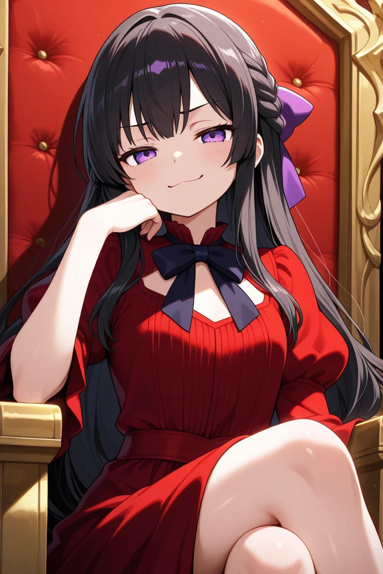 Third person perspective, 1girl, (wearing beuatiful and glamorous dark red ball gown showing bare shoulder and voluminous wavy skirt with black long string gloves, showing great affection to viewer:1.5), (gentle housewife, tiny figure, petite and short figure, perfect woman, cleavage, mature aura:1.4), (masterpiece, best quality, HD Pictures:1.1), very long hair, bangs, gentle look, gentle smile, gentle eyes, mature looking, pinkish cheeks, very detailed eyes, very detailed pupils, very detailed ridiculously long black hair, detailed face, detailed ruby red eyes, detailed long black hair, (look up to viewer asking for hug:1.3), background marvelous glamorous and elite castle party, ((tangan dijulurkan ke arah penonton dan pose ingin memeluk suami))