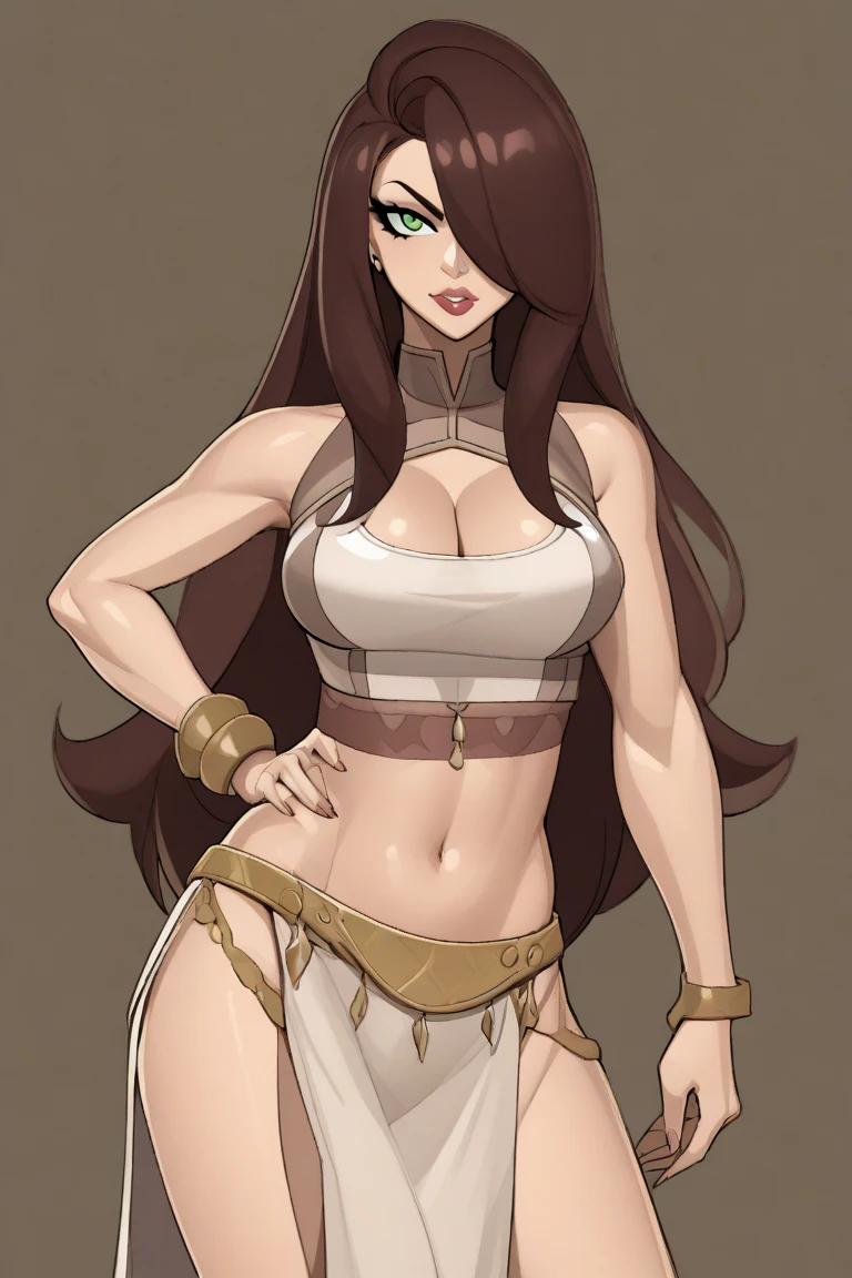 1woman 30year old, solo, long hair, looking at viewer, navel, cleavage, bare shoulders, brown eyes, jewelry, medium breasts, earrings, midriff, belt, necklace, bracelet, lips, armlet, ((dynamic pose)), ((dynamic angle)),