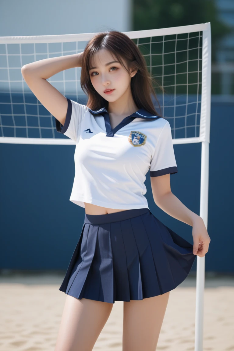 neat college girl, petite, (school uniform, summer clothes, short sleeves), outside the athletic field, (slim), photorealistic, detail, skin texture, ultra detail, delicate and sexy collarbone, smile, super detailed face, detailed lips, detailed eyes, breast emphasis