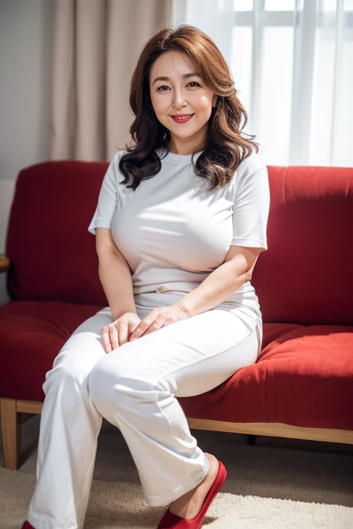 ((top quality、8k、masterpiece:1.3))、sharp focus, High level of image quality, high resolution，,Grey crewneck shirt，short sleeve，white jeans，37-year-old woman with long wavy hair，Mature，charming smile，Draw lips correctly, red lipstick，stand，Slightly fat，Big breasts，indoor background：sofa、flower，full-body shot