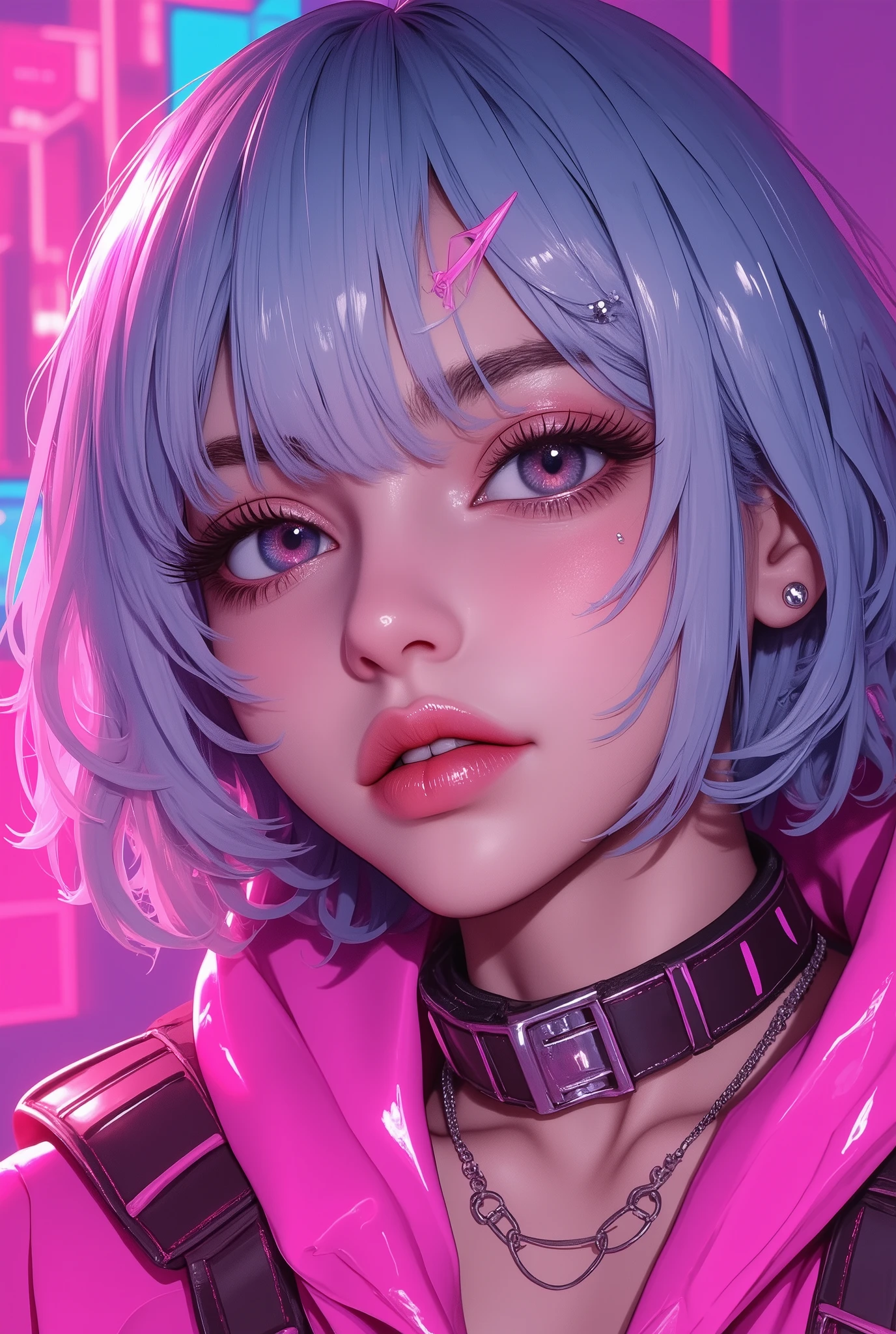 Superb Masterpiece High Quality High Definition Beautiful 8K Semi-Real 2.5Anime style digital anime art cute woman, Light Blue and Silver Hair Color, short bob,, Colorful Backgrounds, She's Wearing a Shocking Pink Hoodie, Piercings galore, Punk and Bad Girl, Physically Based Rendering HRD UHD Digital Anime CG Detailed Line Art