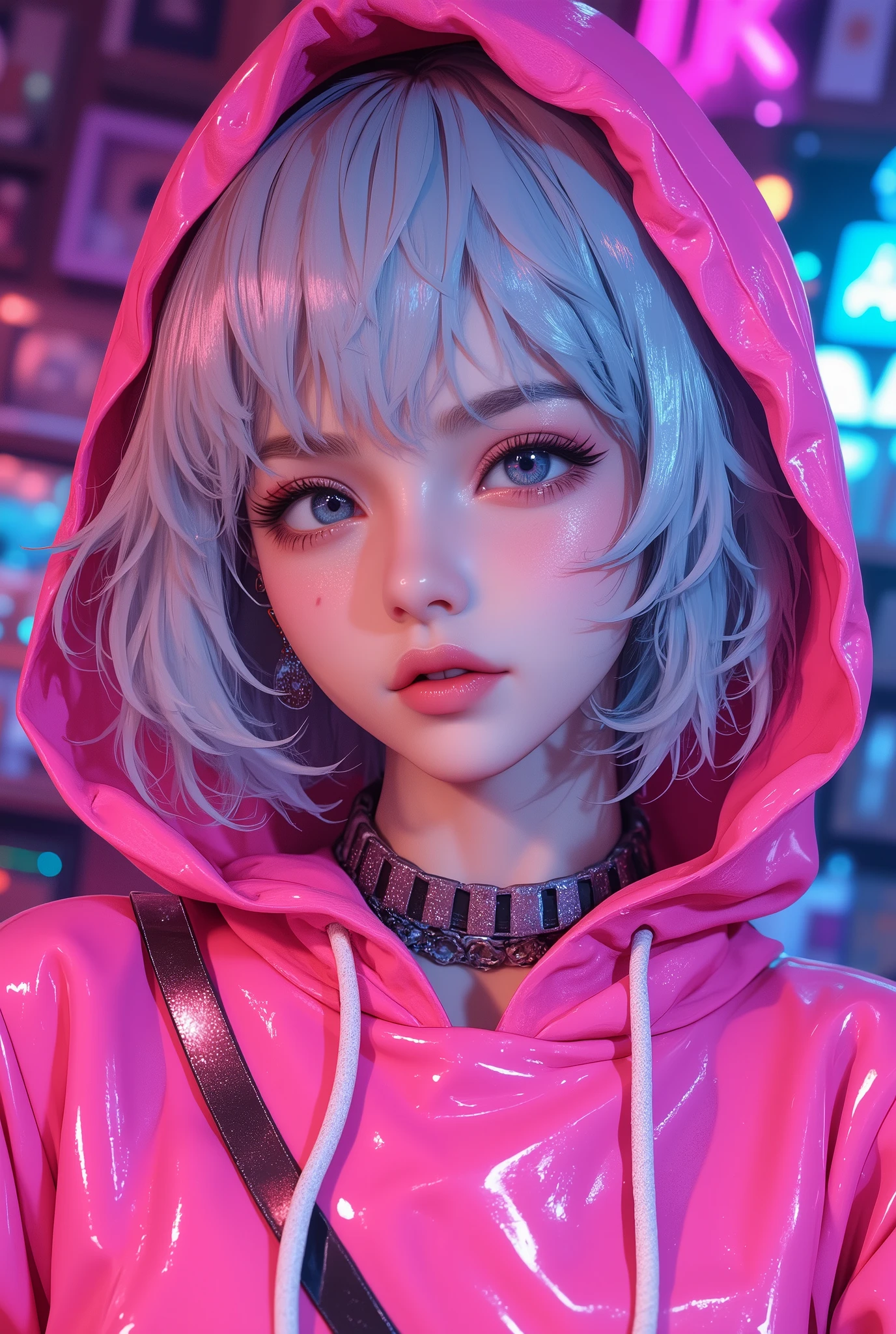 Superb Masterpiece High Quality High Definition Beautiful 8K Semi-Real 2.5Anime style digital anime art cute woman, Light Blue and Silver Hair Color, short bob,, Colorful Backgrounds, She's Wearing a Shocking Pink Hoodie, Piercings galore, Punk and Bad Girl, Physically Based Rendering HRD UHD Digital Anime CG Detailed Line Art