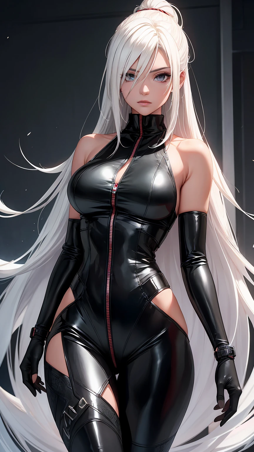 highest quality、Realistic、zoom、girl、Silver Hair、Light blue eyes、Long Straight Hair、Hero Suit、Black shiny leotard、Brown Skin、Black body、Dark skin、Black Chest、Sweat、smile、