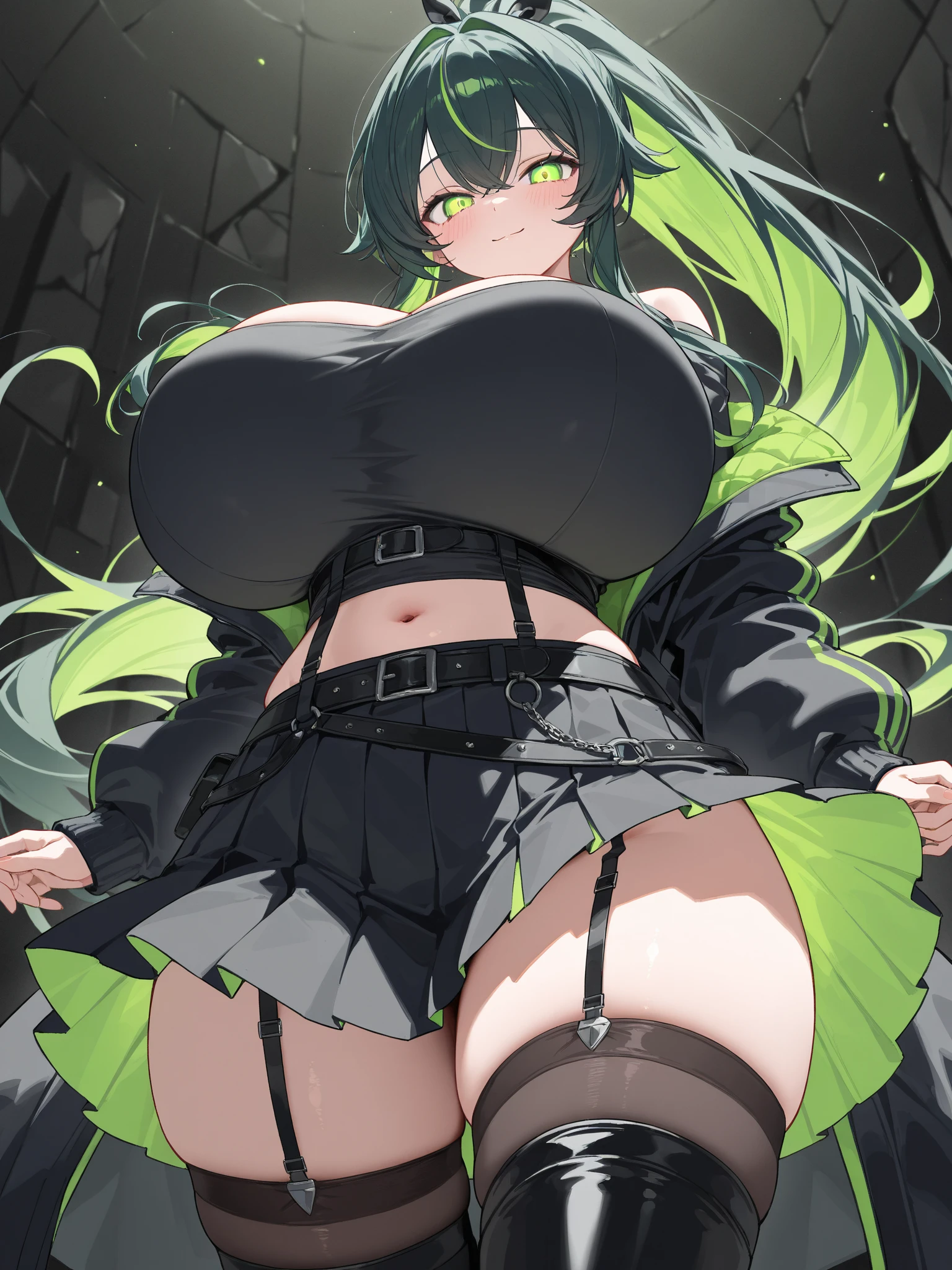 masterpiece, Highest quality, In detail, High resolution, Very delicate and beautiful, One girl, Long curly green hair, Curly pigtails, Pink Eyes, Big eyes, Preppy,horn, Blushing, Yellow Eyes, cute,Angry face, , Blue clothes, woman, sexy, devil, horn, Show off your breasts, Big Lips, Background, Leather clothing, (Huge breasts), Tight waist, (bikini:1.2), Pause, Butt, (Huge thighs), Thigh-high socks, colorful