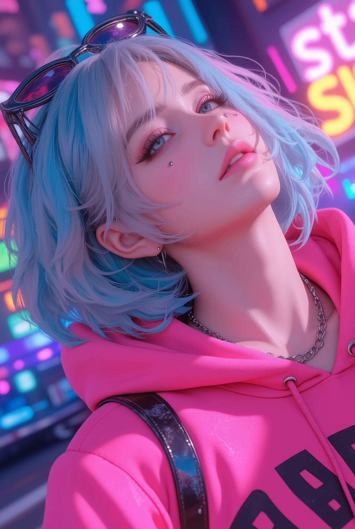 Superb Masterpiece High Quality High Definition Beautiful 8K Semi-Real 2.5Anime style digital anime art cute woman, Light Blue and Silver Hair Color, short bob,, Colorful Backgrounds, She's Wearing a Shocking Pink Hoodie, Piercings galore, Punk and Bad Girl, Physically Based Rendering HRD UHD Digital Anime CG Detailed Line Art