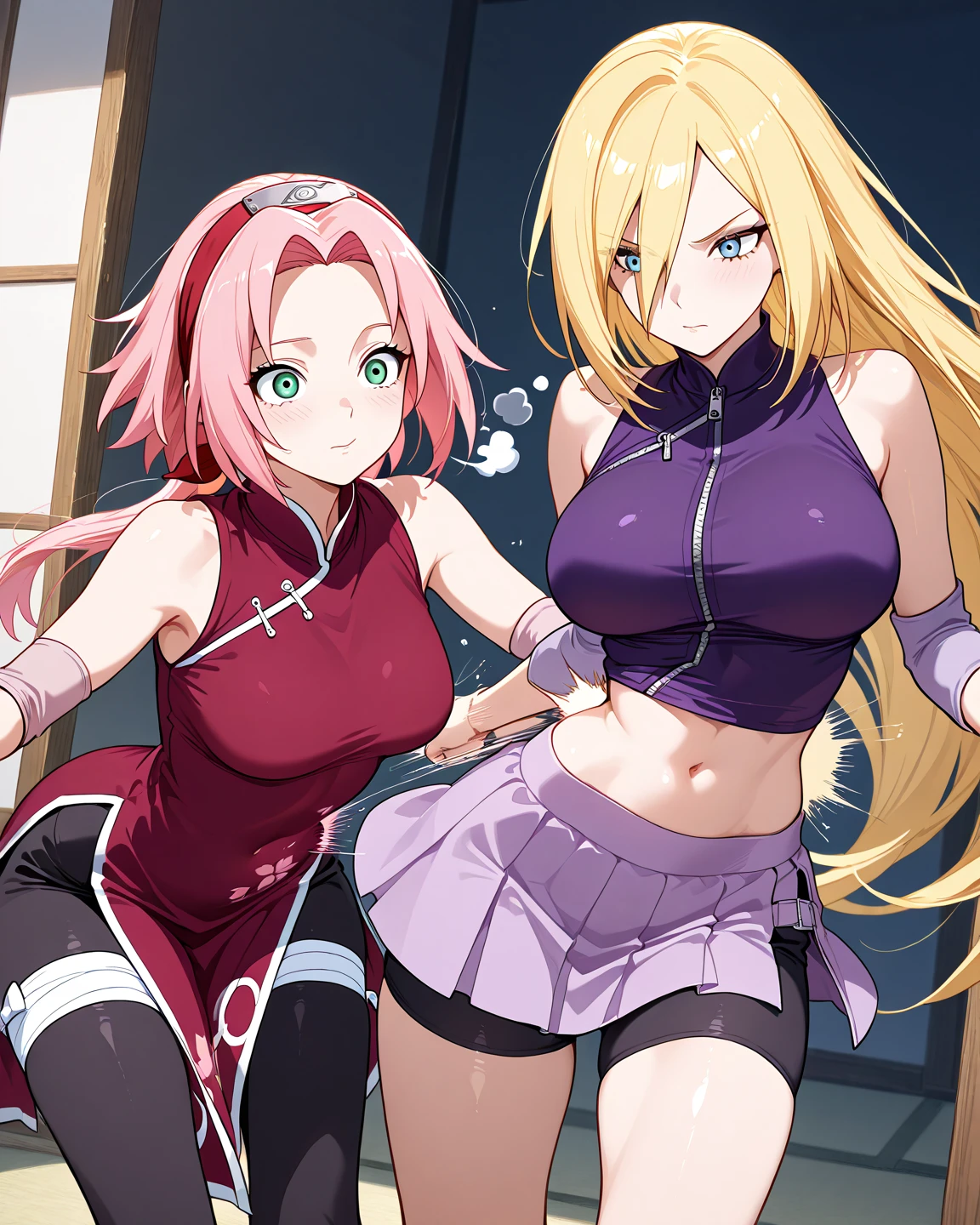 (masterpiece, best quality), best resolution, 16k, BREAK close-up, BREAK, (2heads:1.5), (cheek-to-cheek), 1girl, solo, BREAK Costum_InoYamanaka_ownwaifu, blonde hair, hair over one eye, blue eyes, high ponytail,  ponytail, long hair, hairclip, hair ornament, earrings, breasts, medium breasts, purple skirt, purple shirt, turtleneck, bare shoulders, crop top, navel, midriff, fishnets,  thigh pouch, fishnet armwear, fishnet legwear, bike shorts, sleeveless turtleneck, BREAK NARUTO_Sakura_Combat_ownwaifu, haruno sakura, short hair, pink hair, green eyes, hair intakes, collarbone, forehead protector, headband, red hairband, konohagakure symbol, bare shoulders, bandages, sleeveless jacket, red jacket, bike shorts, black shorts, leg wrap, bandaged leg, elbow pads, zipper, BREAK ((eyes up looking sideways:1.3)), BREAK fighting, angry, open mouth, BREAK simple background