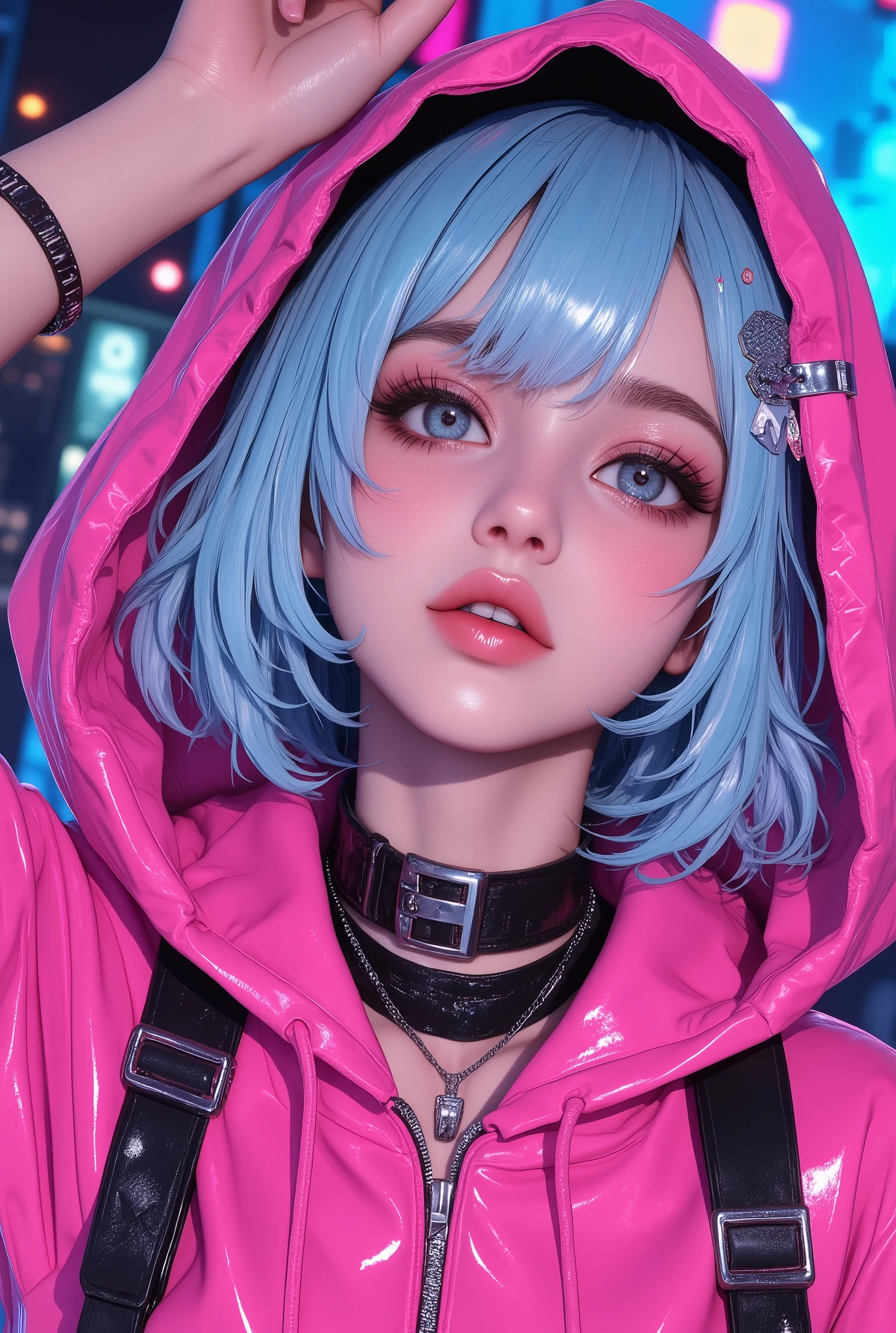 Superb Masterpiece High Quality High Definition Beautiful 8K Semi-Real 2.5Anime style digital anime art cute woman, Light Blue and Silver Hair Color, short bob,, Colorful Backgrounds, She's Wearing a Shocking Pink Hoodie, Piercings galore, Punk and Bad Girl, Physically Based Rendering HRD UHD Digital Anime CG Detailed Line Art