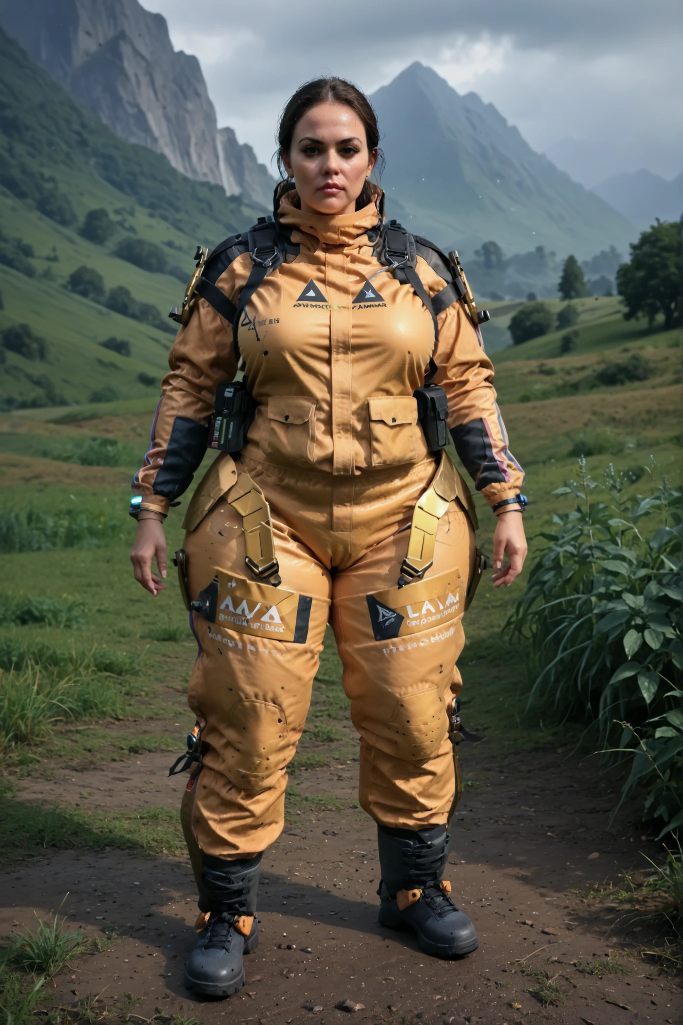 score_9_up,score_8_up,score_7_up,score_6_up,score_5_up,score_4_up,zPDXL,
standing,front view, mature female, serious face, heroic pose, one hand on hip, side, huge thick thighs
bridgesuit,triangle,raining,water drop,water in the background, staning in grass,mountain,perfthig, curvy, plump, thick thighs, wide hips, thin arms, narrow shoulders, petite, full body, small feet, tiny feet, slim ankles, cameltoe, (huge wide hips, huge thick thighs, curvy, bottom heavy, big breasts:1.2)