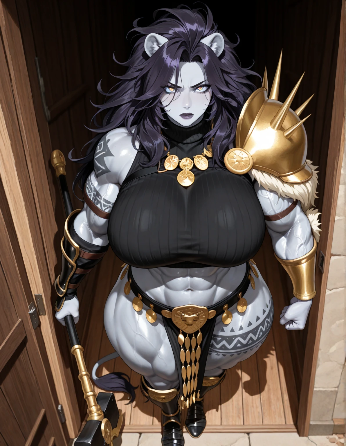 muscular_mature_horse female white_mane long_single_braid gray_furry_body blue_eyes solo Masterpiece best_quality absurdres highly_detailed heavy_roman_armor helmet cleanly_drawn_eyes anthro_only angry by_claweddrip, by_greasymojo, by_underscore-b, by_runawaystride