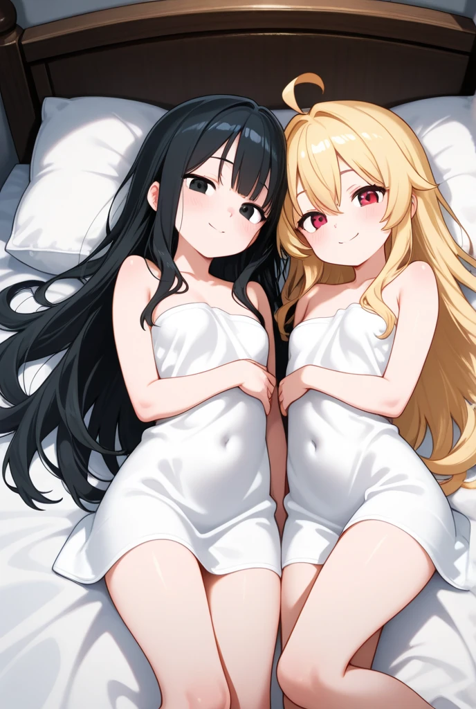 ((2 naked adult woman walking)),(long black hair, smile)),((hairy pussy, very big pussy piercing, chest piercing)), ((big breasts)),((younger girl, with yellow hair, very small breasts, difference in breast size))), 2 women having sex in bed, one woman on top of the other, completely naked,