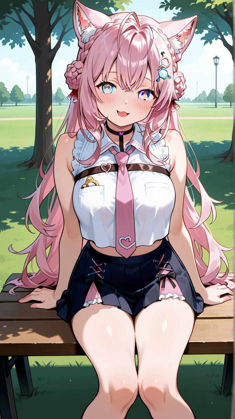realistic image, coherent image, detailed image, 1 beautiful woman. She has pink hair, long hair. Her eyes are purple, long eyelashes, fox ears. Her face is oval and delicate, smiling. She is wearing a short-sleeved off-the-shoulder t-shirt, showing her navel, a white pleated mini skirt, a thin thong, and sneakers. She has a curvy body, medium breasts, thick thighs. background of a Taoist tempo, surrounded by a field of flowers, natural lighting, volumetric lighting,