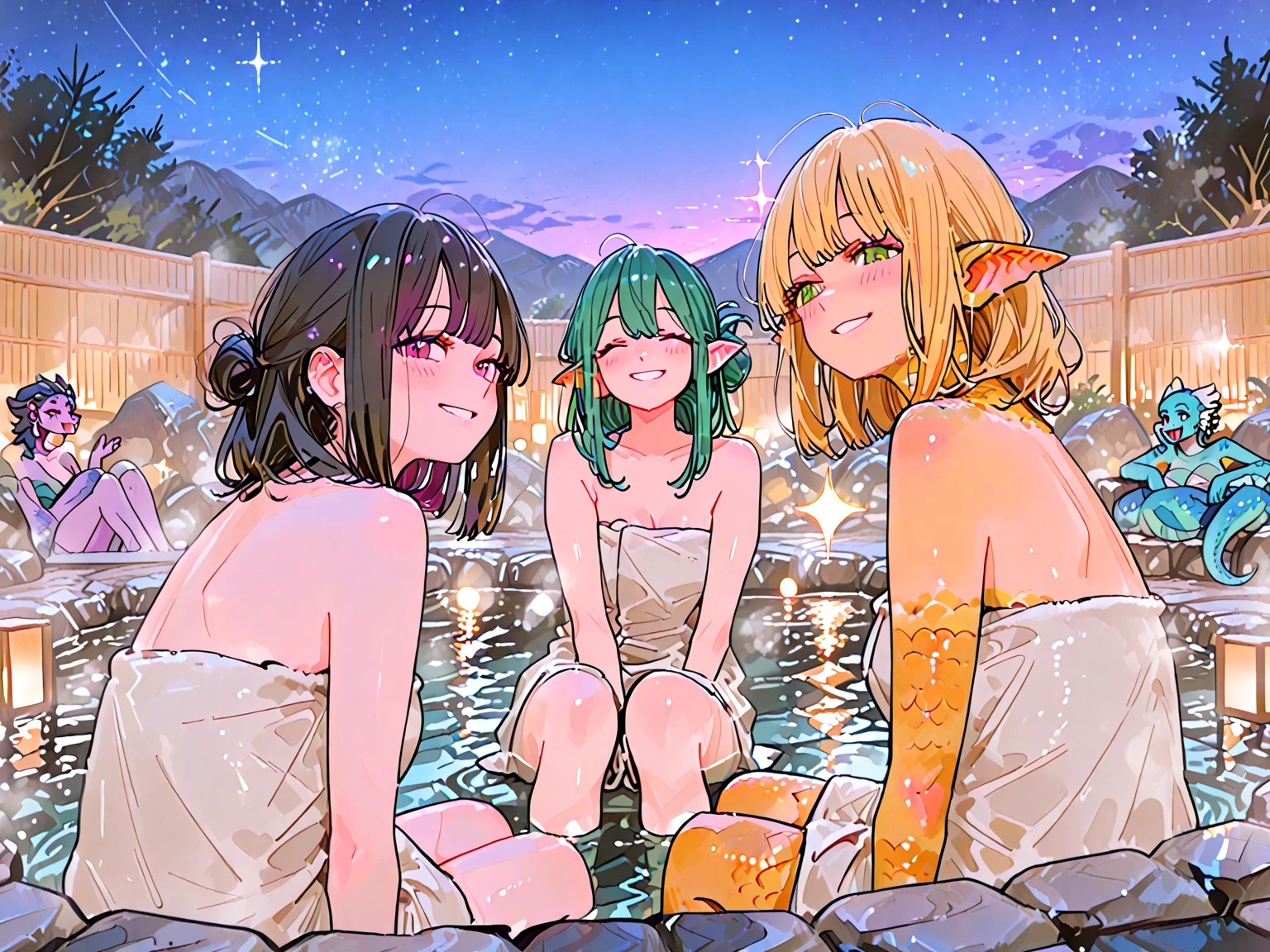 finely detailed illustration, best quality, masterpiece, vibrant color,8-year-old、pretty girl、(Nude paintings:1.4)、Happy smile、Beautiful background, Four Girls
