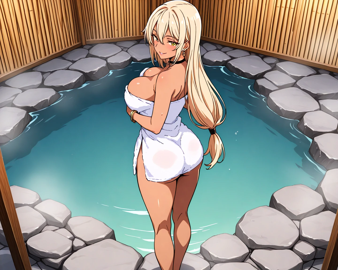 Demon girl, gigantic , orange skin, white hair, erotic smile, blushing, one piece swim suit, sitting on a chair