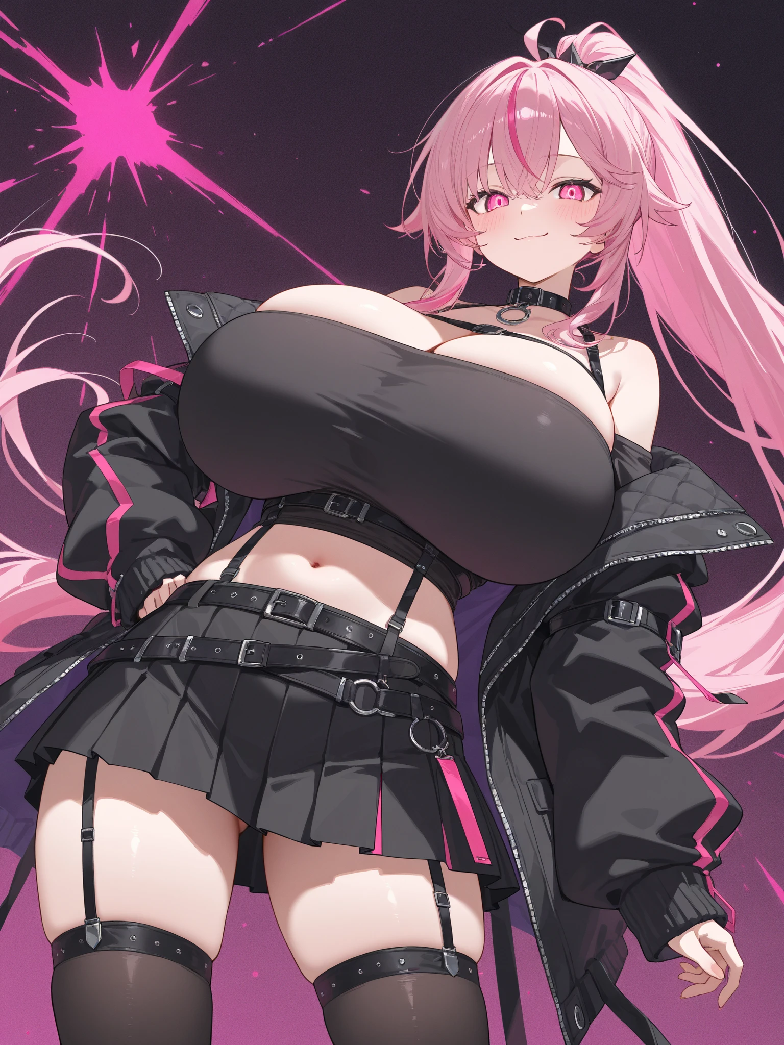 (nsfw), ((masterpiece)), ((Best Quality)), anime style, 1girl, solo, The most detailed skin, Semi-transparent white blouse, black lace-up corset, purple flare mini skirt, sheer black tights, black ankle boots, long silver chain necklace, //, Stunned expression, Girl with troubled face, Ecstasy, (sexual expression), smile, blush, Red face, //, large breasts, voluptuous body, //, Wavy medium hair, Pastel pink hair color, (beautiful eyes), white-skinned, //, Brick wall, dim neon lights, (thick lines:1.2)
