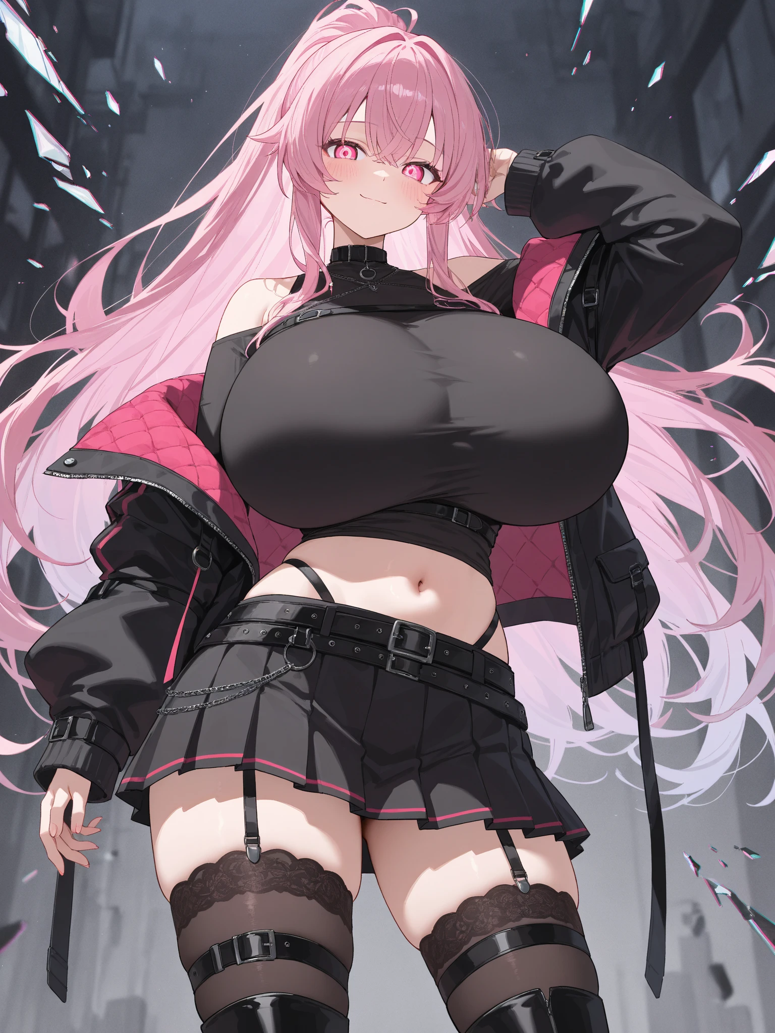 Erotic Anime Illustration、highest quality、Sex Appeal、Intricate Streets、Formal Fashion、smile、A wall covered in graffiti paint、Plump gal leaning against the wall、Perfect proportions、Very large breasts、Fatty legs、Clear eyes、Sweaty、Cowboy Shot