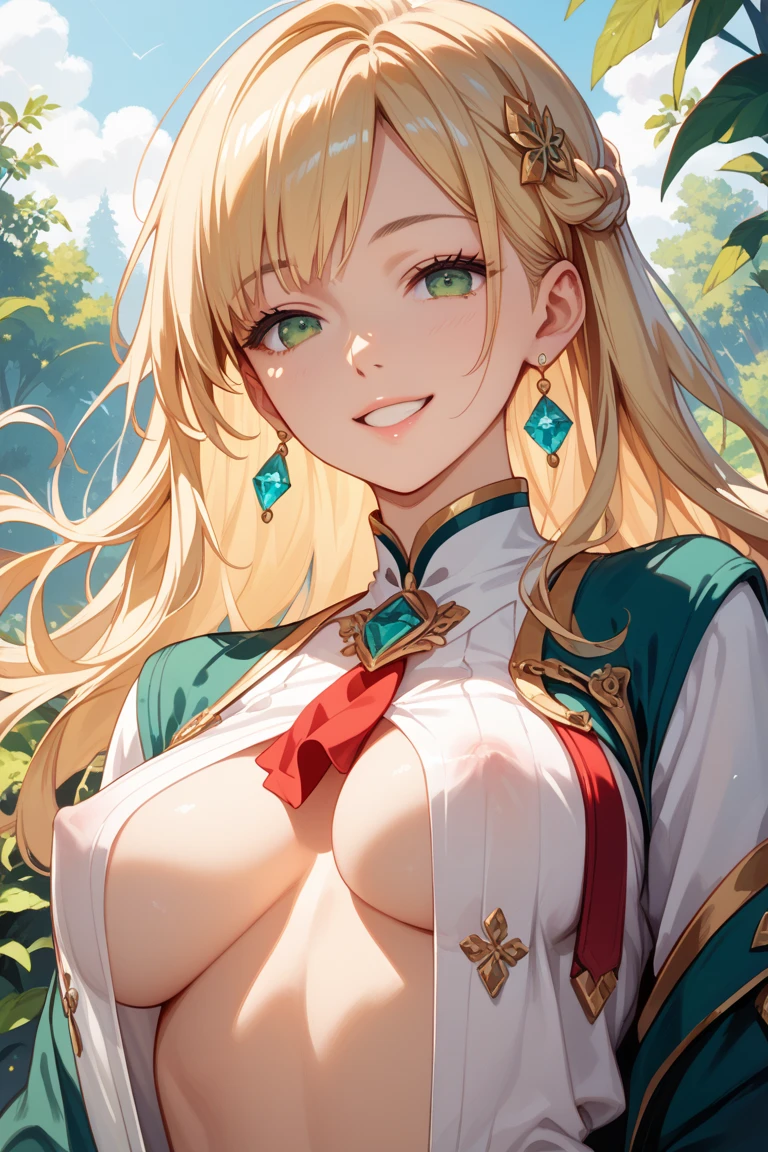 ((background meadow and blue sky)), hairstyle long straight, hair waist-length, ((no hair ornaments)), hair is not tied up, ((((glittering blonde hair)))), eye color is green green, rounded face, (((bright expression)), large breasts: 0.80, chubby: 0.85, white cheongsam style, ((white fantasy robe)), gold decorations are attached to clothes,