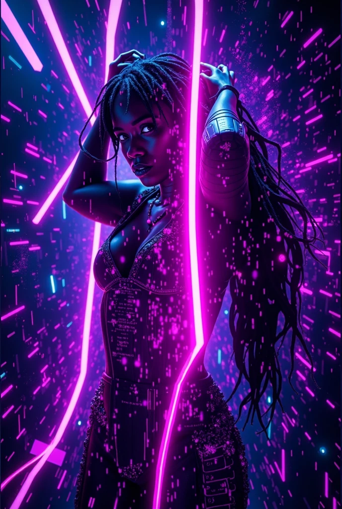 "A masterpiece of quality, with a beautiful black woman with hair with braids, slender, in a dynamic pose and floating angle, dressed in high-quality clothing, in a blurry and vivid background, with stunning lighting and shadows, creating an elegant and engaging and neon atmosphere" --auto --s2