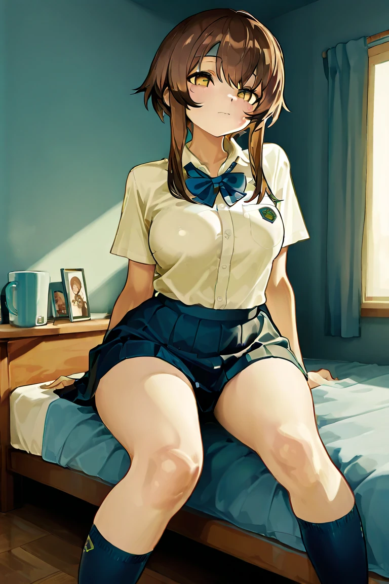 ((table top, highest quality, High resolution, nffsw, perfect pixel, 4k, nffsw, nffsw))), 1 girl, single, alone, beautiful woman、I could see the whole body、 ((short wavy hair, bangs, brown hair)), ((brown eyes, beautiful eyelashes, realistic eyes)), ((detailed face, blush:1.2)), ((smooth texture:0.75, realistic texture:0.65, realistic:1.1, Anime CG style)), medium breasts, dynamic angle, perfect body, ((school uniform, white shirt, black skirt, unbuttoned shirt、plaid skirt、not wearing shoes、white socks)), classroom without people、sit at desk、lower'I took my foot off the desk......................................、evening、、、Very embarrassing panic smile、(lift the skirt with your right hand、open your legs、open your knees wide、No underwear、No panties)、、(light blue lace bra)、angle from below