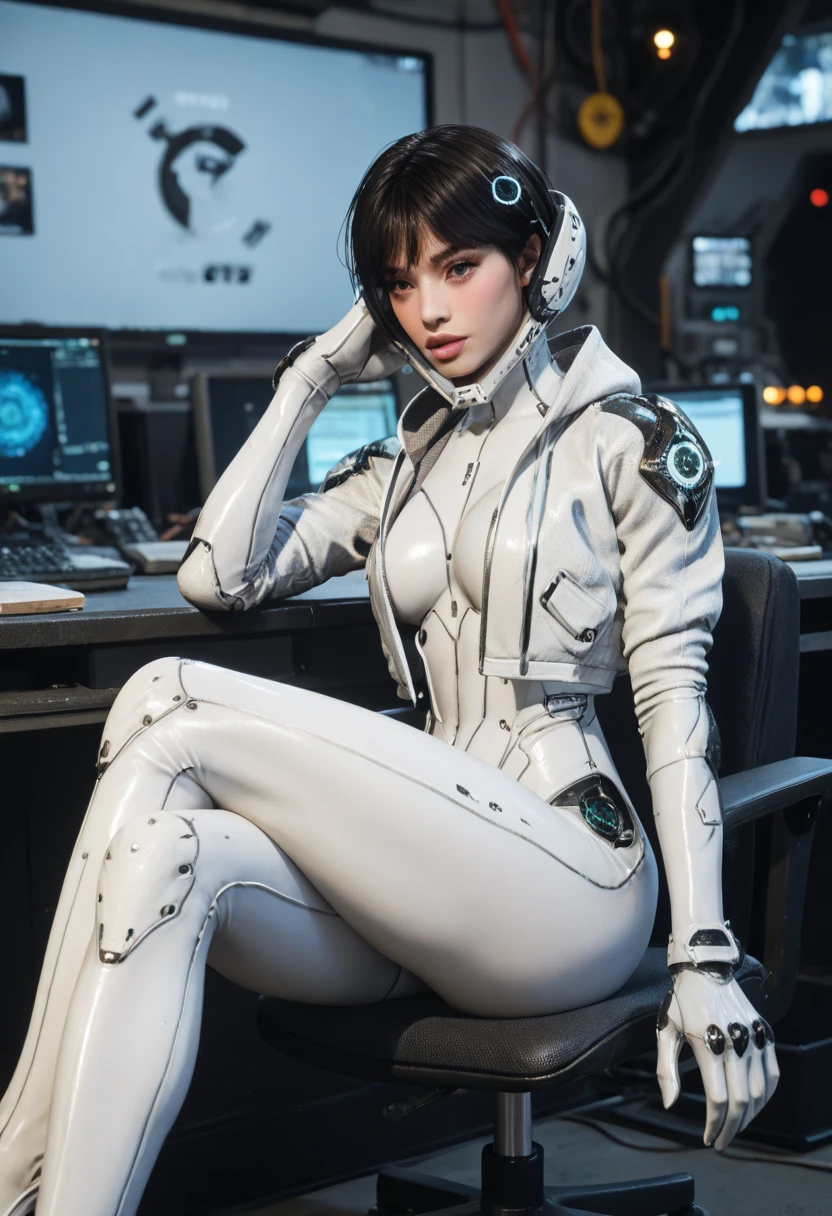 Woman in a futuristic suit sitting, smooth digital concept art, cgsociety8k, Inspired by cgsociety, cyber suit, perfect android girl, diverse cyber suits, cyber suits, 3d rendering character art 8k, A masterpiece of CGsociety, cyber suit、(((flat chest)))、short hair、ear piercing