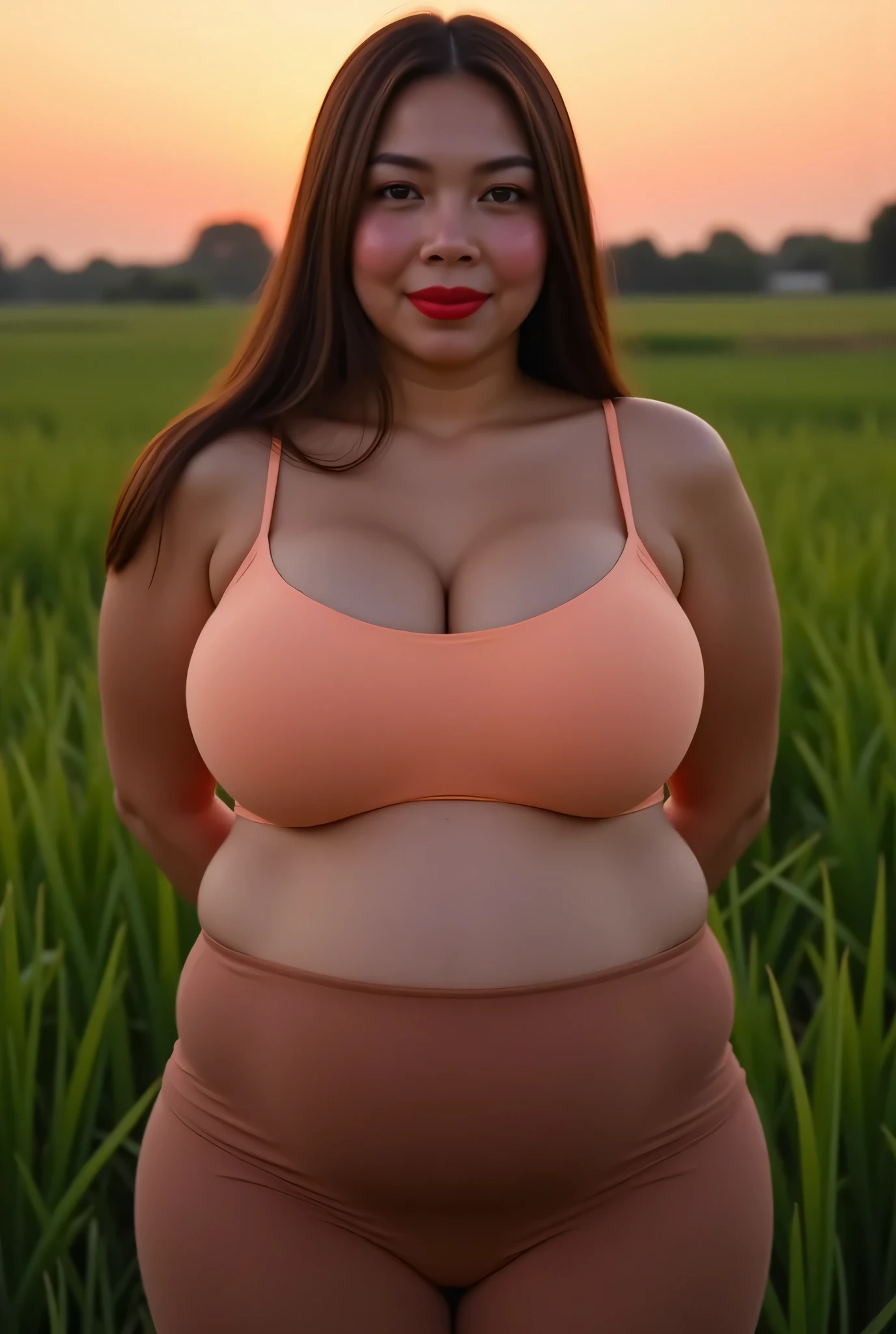 Bbw Fat, rambut LURUS menutupi telinga perfectly, Wearing peach plain Strapless Bra , view from the front, both hands lying behind back, background rice paddy. twilight is red atmosphere, FRONT IMAGE, red lips 👄 (Detailed translucent high waist neon brown leggings closing center), overweight plump and perut buncit berlemak, perut buncit berlemak