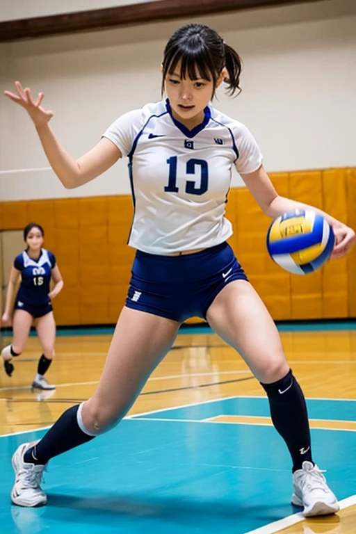 The only 18 year old beautiful volleyball player、NSFW、Super detailed、High resolution、transcendental beauty　highest quality、masterpiece、tight volleyball uniform、(RAW photo:1.2)、(Photoreal:1.4)、beauty in the details、and delicate expression、at a volleyball match、、Random hairstyles for short hair or updo、((you can see me))(jump)、eyelash、sparkling eyes、glossy lips、beautiful and detailed eyes、((beautiful japanese girl))、very detailed expression、highly detailed face、movie lighting、positive、((dynamic pose))、((open stance))、Camel fingertips, (Open your legs wide and raise one leg:1.8)、(Crazy with the greatest ecstasy ever:1.6)、thin legs、(Open your mouth wide and show me your tongue:1.7)、Panting with sexual pleasure、(Writhe in agony as you feel the climax of ecstasy:1.6)、Open your mouth wide and scream、shame、Her cheeks flushed slightly、heartbreaking cry、angle from below