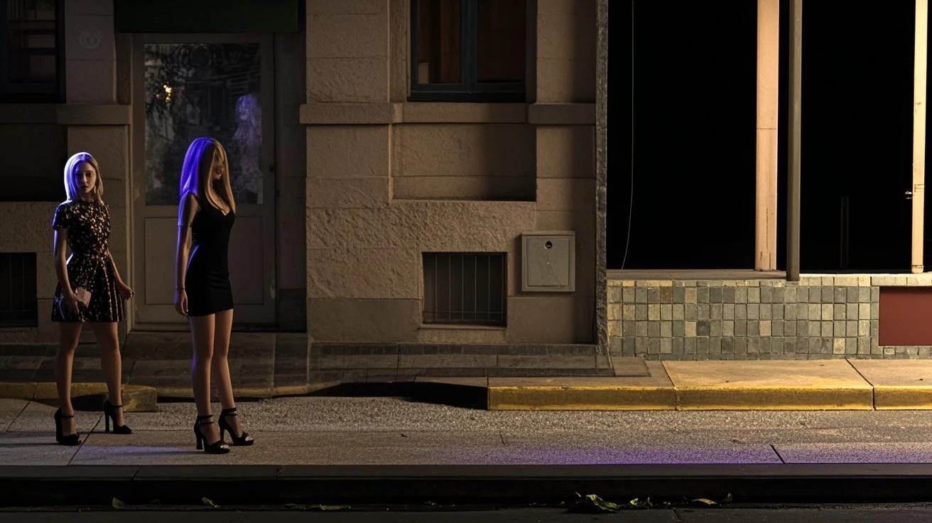 two beautiful naked women fight each other, detailed faces, on the street of an ancient city, night
