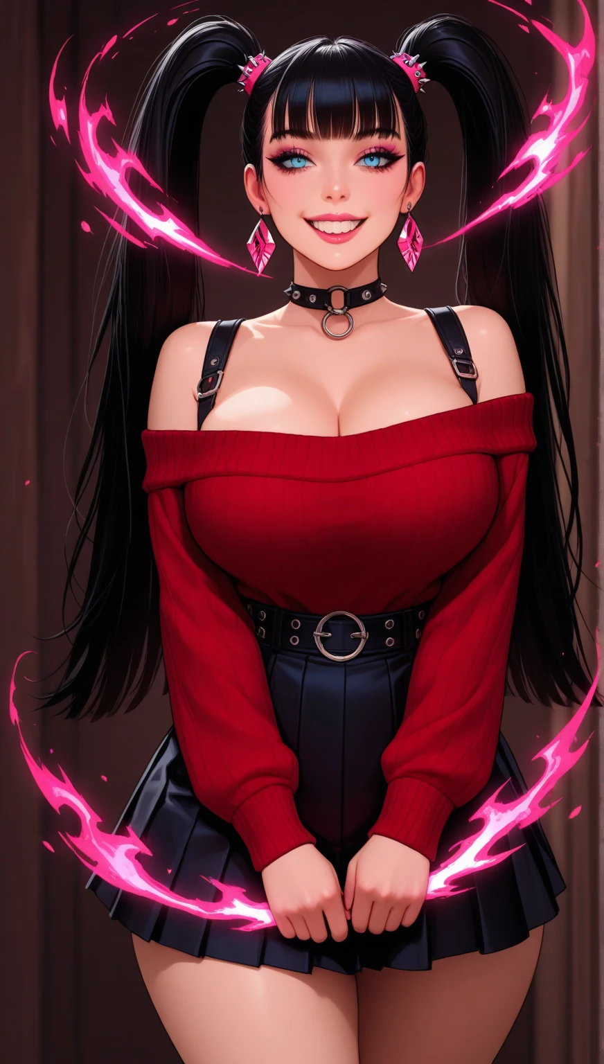 A girl in bold cherry colour dress with dark bold character no one dares to look into her eyes