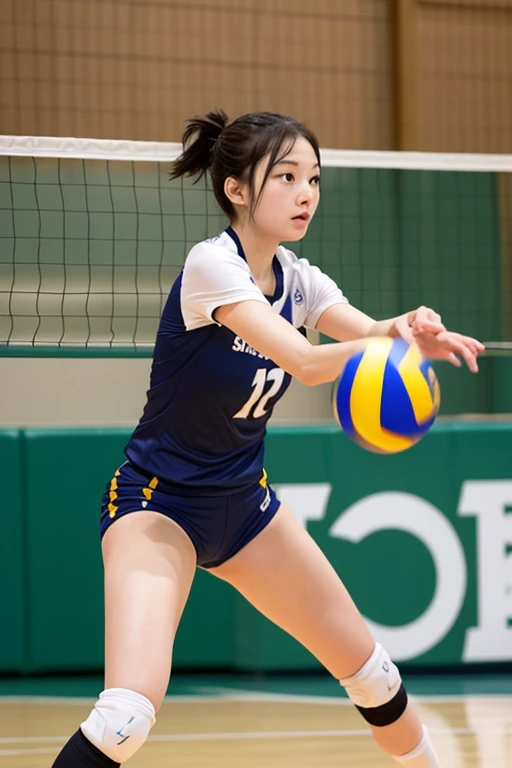 masterpiece, best quality, 1girl, serving volleyball, indoor court, athletic uniform, focused expression, action shot, bright lighting, detailed background
