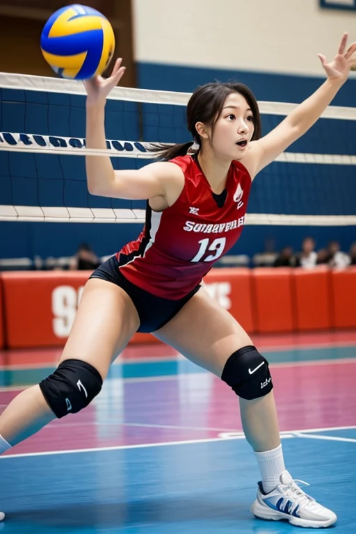 ((highest quality, 8k, Representative works in detail, Ultra-high resolution)), (Japanese women),Inside the gym (Looking at the audience), (Mid Shot:), Vlize、playing a volleyball game、Jump、Attacking、Attack No..1、Jump up、高くJump、Spiking the ball、Spiking the ball、Attractive volleyball player、Pure Japanese women ,Beautiful Japanese。Pure Japanese Face、 expensive、Long legs、Large Breasts、Identify the shape of your nipples、A little chubby:0.25, Red volleyball uniform、Short sleeve shirt,Shorts、Knee support、sports boots、