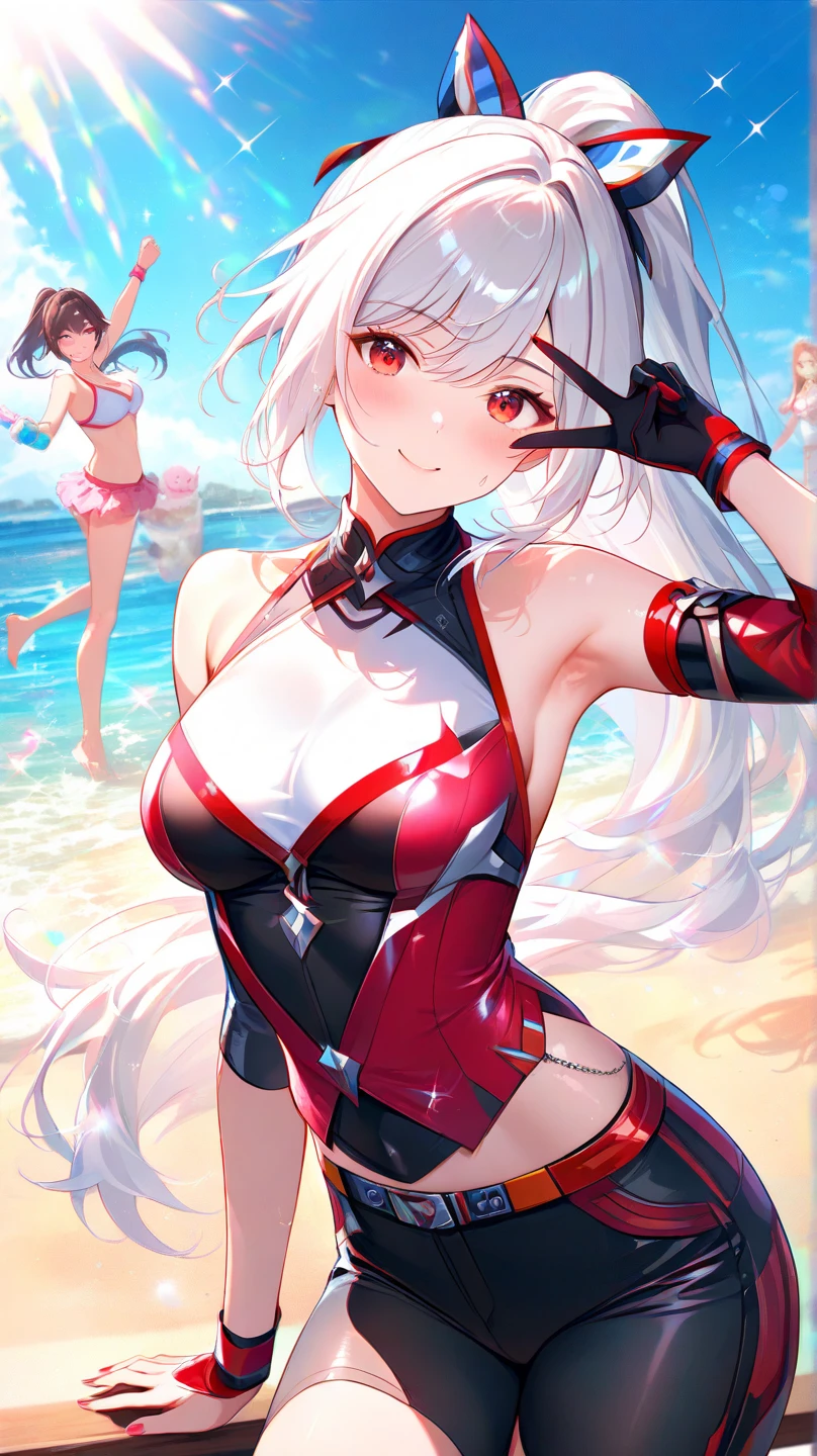 masterpiece, best quality, 1girl, , silver hair, ahoge, gold_eyes, shaggy_long_hair,,large_tits, , blue sky,covered_groin,covered_nipples,solo,young_teen,,open_legs,knee_boots,crotch_armor,cowboy_shot,crotch, asymmetrical legwear, long hair, bikini, black bikini, black gloves, gloves, long sleeves, navel, o-ring, o-ring bikini, o-ring bottom, o-ring top, puffy long sleeves, puffy sleeves, red legwear, single thighhigh, swimsuit, thigh strap, thighhighs, uneven legwear,smile,nihil,open_mouth,angry,oil,wet,sweat,grhn,(angry:0.7)