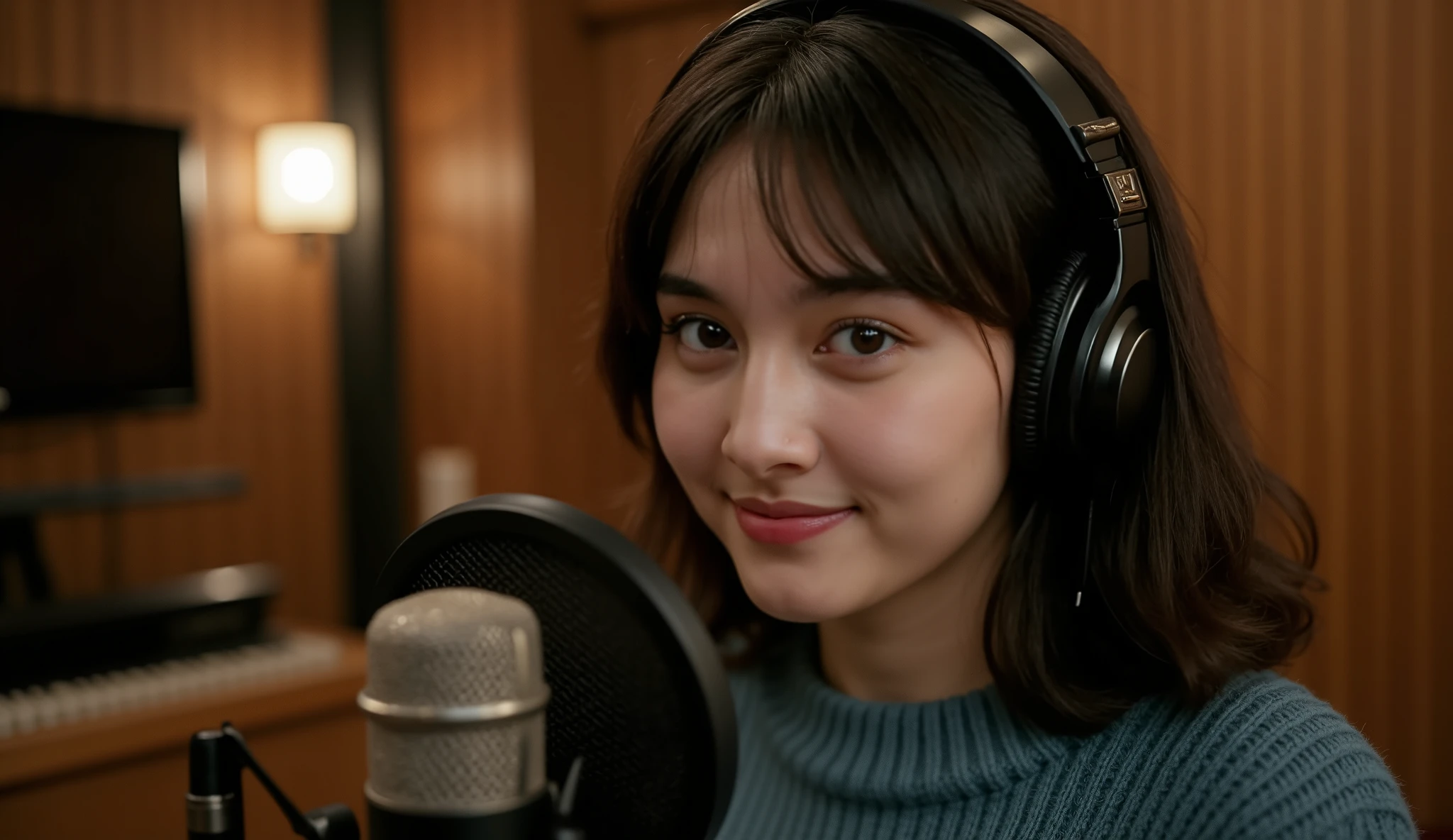 high-quality close-up of a young East Asian female singer in her mid-20s with soft bangs and shoulder-length wavy hair, eyes gently closed as she sings into a vintage studio mic in a dimly lit recording studio. Warm lighting highlights her calm and dreamy expression. She's wearing a cozy oversized sweater blue, headphones slightly off one ear. Background is blurred with a few visible instruments. The mood is intimate, moody, and peaceful.
