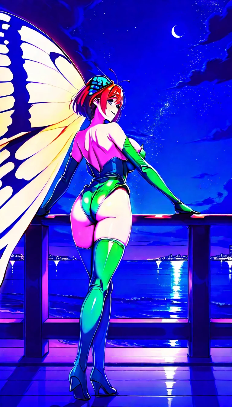 chi chi, ((long black hair, blunt bangs, sidelocks, ponytail, glowing black eyes, makeup, narrow waist, skinny, medium breasts, helmet)), pelvic curtain, ((armor, dark blue bikini armor, cape, collarbone, gloves, helmet, navel, shoulder armor)), full body, perfect body, (insanely detailed, beautiful detailed face, masterpiece, best quality) , (((solo))), (((1girl))), (((mature))), (extremely detailed 8k paper CG wall unit: 1.1), (nature, forest, cloud, sky, sun), (smile face for the viewer), underbutt, from behind, from back