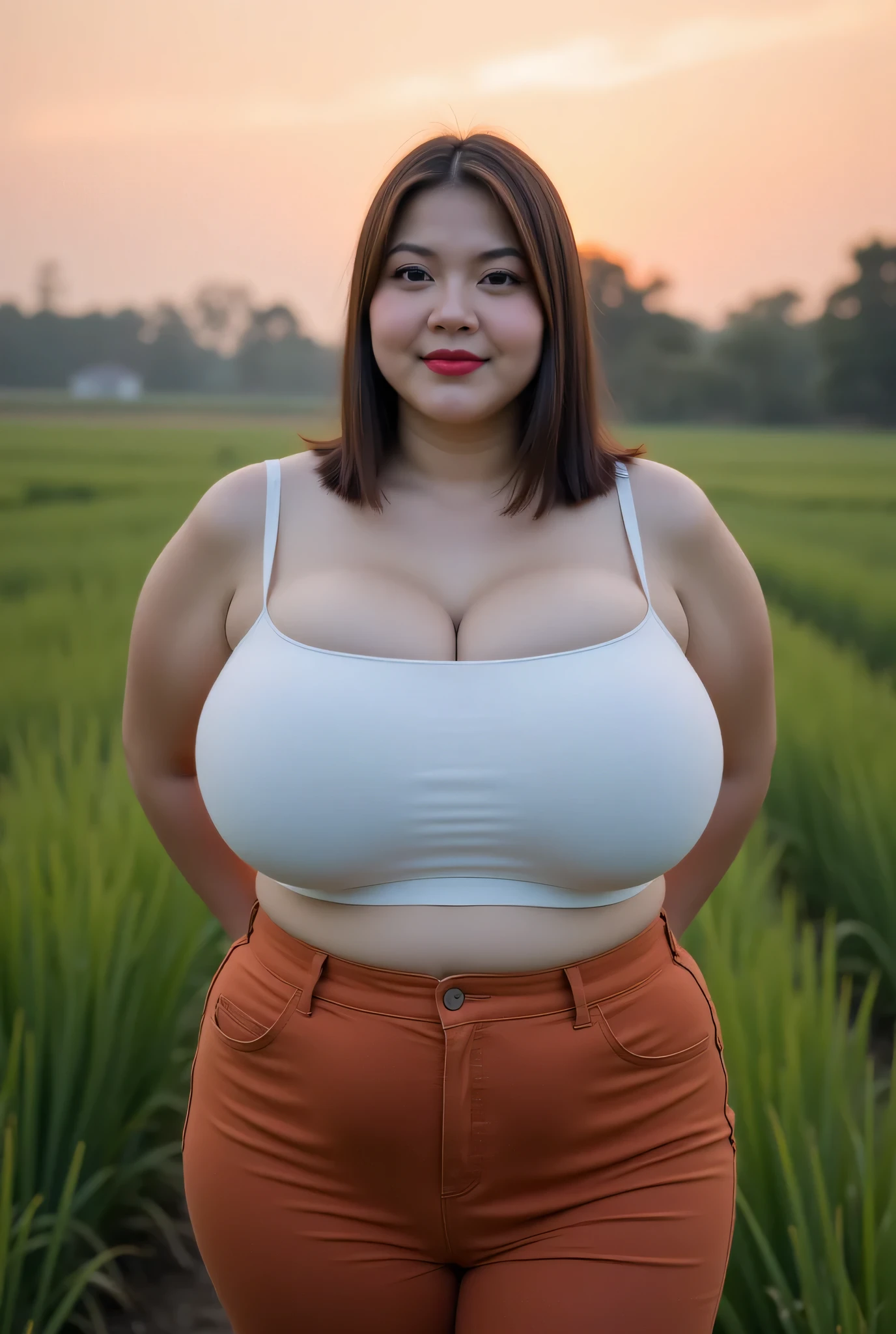 Bbw Fat, rambut LURUS menutupi telinga perfectly, Wearing white plain Strapless Bra , view from the front, both hands lying behind back, background rice paddy. twilight is red atmosphere, FRONT IMAGE, red lips 👄 (Detailed high high waist neon brown plain closing center), overweight plump and perut buncit berlemak, perut buncit berlemak