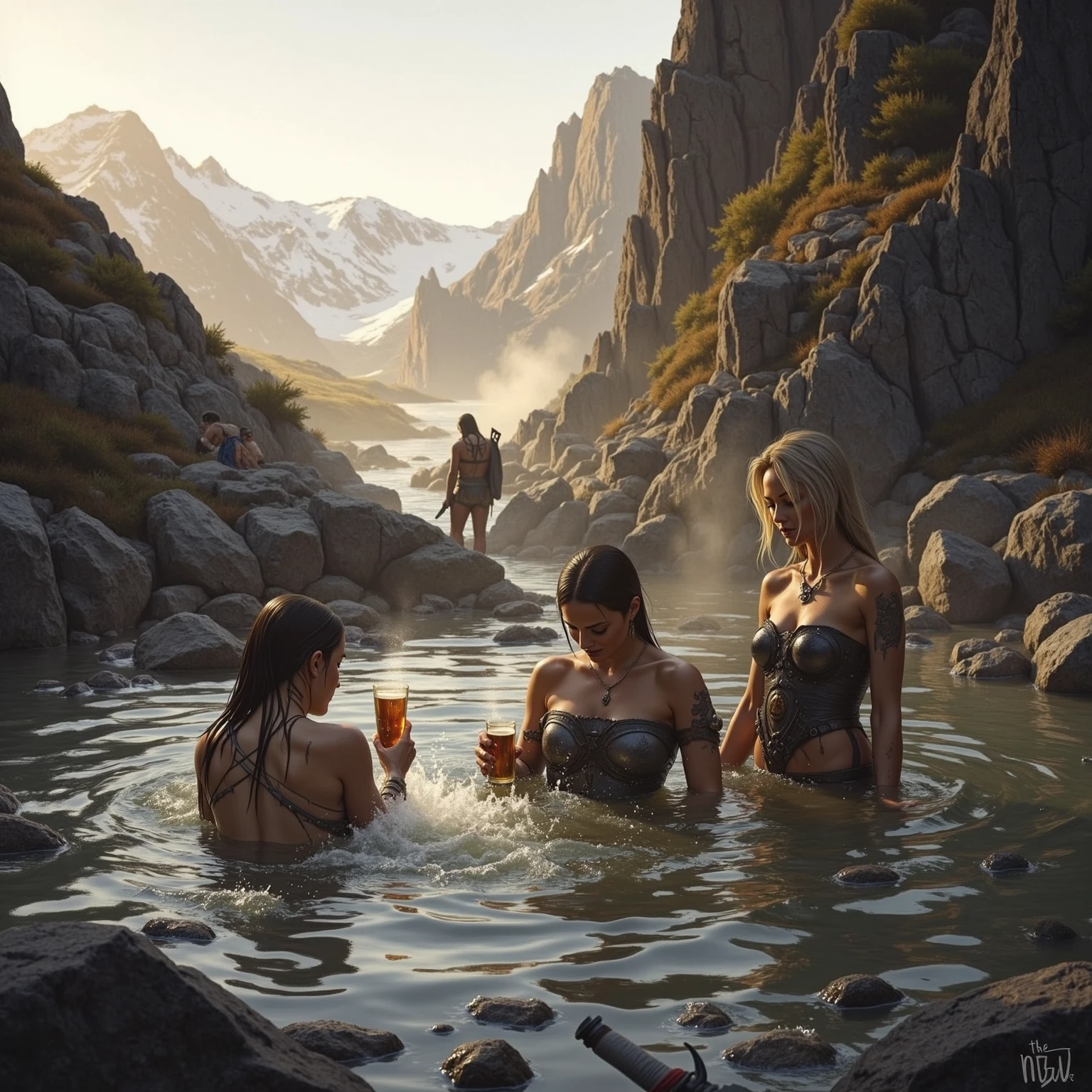 ll body many giant greek woman take a bath and talking together, river, water, litter flower, plan, tree far away, dramatic sky, dramatic cloud, on a dust field, full body, naked, female greek,female greek god, white hair, hairy torso, fantasy, intricate, elegant, highly detailed, digital painting, artstation, concept art, smooth, sharp focus, illustration, art by gaston bussiere and alphonse mucha, naked