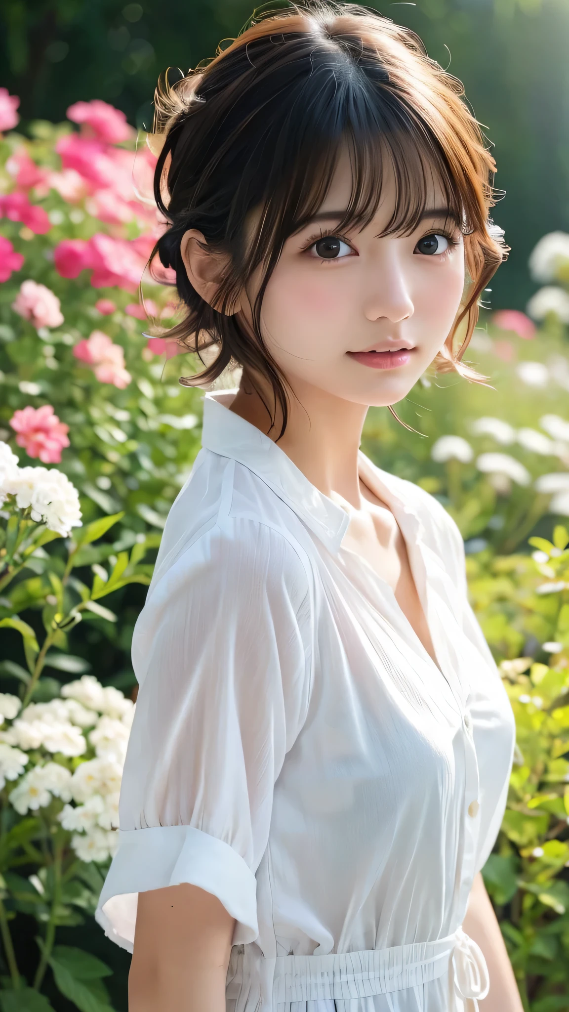 (dress without shoulder straps), ((table top:1.4, highest quality)), (realistic pictures:1.4), ((1 girl)), (Pure actress), (dream-like), (High resolution:1.2), very delicate and beautiful, wonderful, Highly detailed CG Unity 8K wallpaper, Super detailed, High resolution, soft light, beautiful detailed girl, highly detailed eyes and face, beautifully detailed nose, beautiful and detailed eyes, (wear a light white dress:1.3), cinematic lighting, perfect anatomy, slender body, (parted bangs), (A girl standing in a meadow at night:1.3), (night view:1.3), (A field of red_pink flowers), (A huge number of flowers), (outdoor), (flower light up part of), (contrast of light and dark), (fantastic beauty), cowboy shot, looking at the viewer, smile,