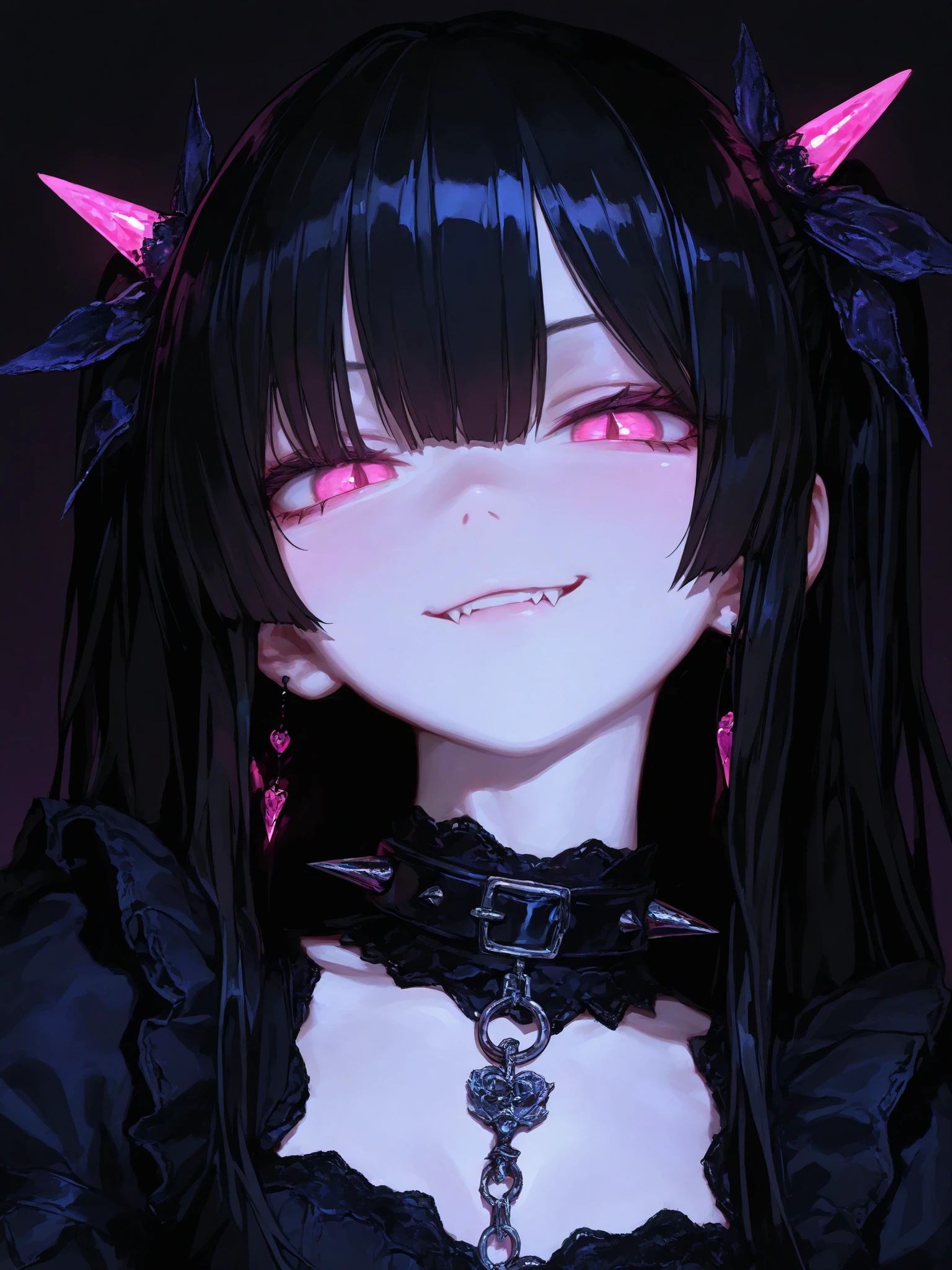female\((beautiful,eye patch\(very beautiful, gothic fashion,heart mark\):1.3),age 12 years,fur\(White,pale,seeds,silky,bright\),eyes\(beautiful,many star-shaped reflections\),Using makeup\(rosa\),(evil smile:1.3),Open mouth,Sharp teeth,long tongue,Hair\(rosa,two tails,floating,rolled,detailed,bright\),Hairclip\(heart\),It lasts\(rosa colored gothic lolita\),corners of the eyes\(rosa:1.3\),(narrow eyes),very beautiful pose,(mama:1.3),open neckline, beautiful hand sign\), BREAK ,bottom\(Harajuku\(SUCH,Japan\),At night,beautiful,elegant,Dark\), BREAK ,quality\(8k,wallpaper of extremely detailed CG unit, masterpiece,high resolution,top-quality,top-quality real texture fur,hyperrealistic,increase resolution,RAW Photos,la mejor quality,highly detailed,el bottom de pantalla,cinematic lighting,ray trace,golden ratio\),(dynamic angle),(closeup of face:1.3),looking at the viewer,from below,best hands