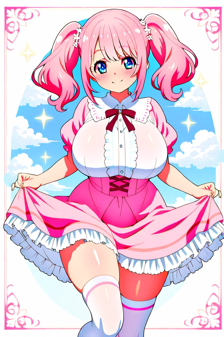 Cute, girl, pastel long lavender hair, curly twintails, purple eyes, heart shaped pupils, plump lips, massive breasts, hourglass finger, small waist, ruffle pastel bow blouse, Skirt-Knee-length, pastel, pleated with floral patterns, white lacy stockings,