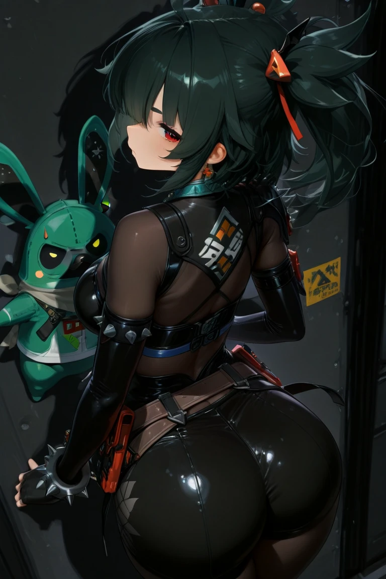 (((masterpiece,Highest quality:1.3))),cowboy shot,1woman,30 year old beauty,Investigator、独奏,((very small head:1.3)),green hair,(low ponytail),long hair,blunt bangs,green eyes,gorgeous eyes,shy,Heavy breathing、medium breasts,((very long body:1.2)),((toned body,slender body,skinny)),gleaming skin,shiny skin,((Black leather high leg bodysuit、Long sleeve,Micro Shorts)),barefoot、(Black leather combat boots)、Wet crotch、squatting,Dark back alley、Metropolis、cyber punk、World of Blade Runner、