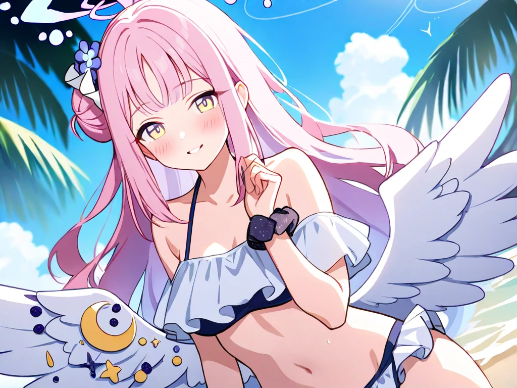 girl, mika (blue archive), pink hair, long hair, single hair bun, yellow eyes, {{{naughty face, blush}}}, open mouth, medium breasts, Angel wings, white bikini, straw hat, white sarong, beach, sunlight, {{{Wet}}}, water drop, upper body, {{{ass pov, breasts focus}}}, {{{best quality, very aesthetic, ultra-detailed}}}, extremely detailed, perfect anatomy, {{{game cg}}}, interspecies, beautiful detailed, vector trace, 8k, insanely detailed and intricate, ((((nsfw、topless、breasts out))))Upper Body、Upper Bodyが映る