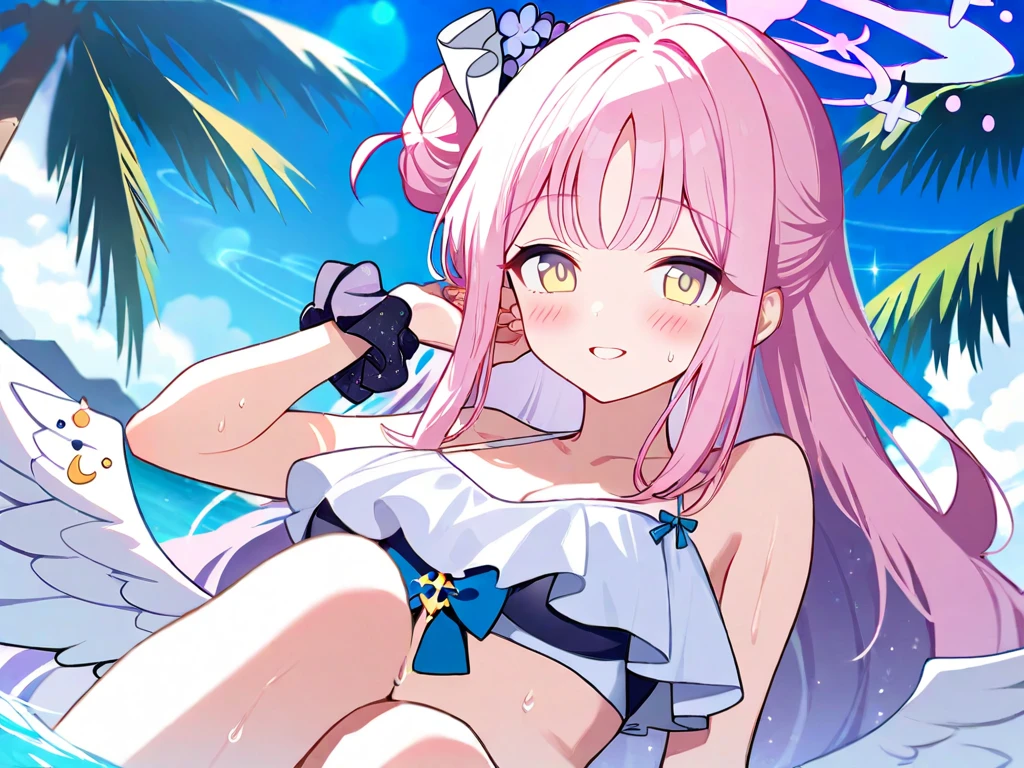 summer、1 girl、Silver fur、((Pink sparkly eyes))、A sloppy smile、Open your mouth、Swimwear、Lie down、Highest quality