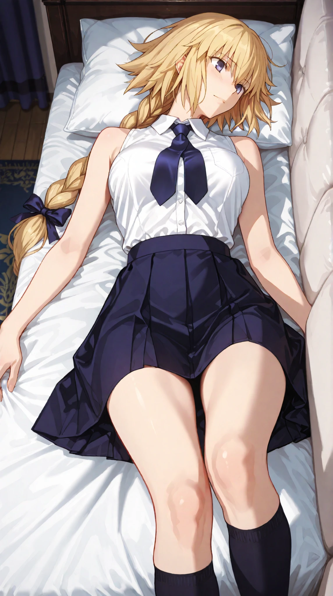 debris flies, highest quality, Highly detailed CG Unity 8K wallpaper, sexy witch , Long length hair、Dark blonde wavy hair、off shoulder knit, dark blue pleated skirt, stockings、medium breasts, saggy breasts, Pose that emphasizes the chest, blush, shy smile, bare shoulders, (((lift up the skirt with both hands、open your legs wide、please open your knees))）、、nice magic book、church bed、lying in bed、、pink panties、pink good