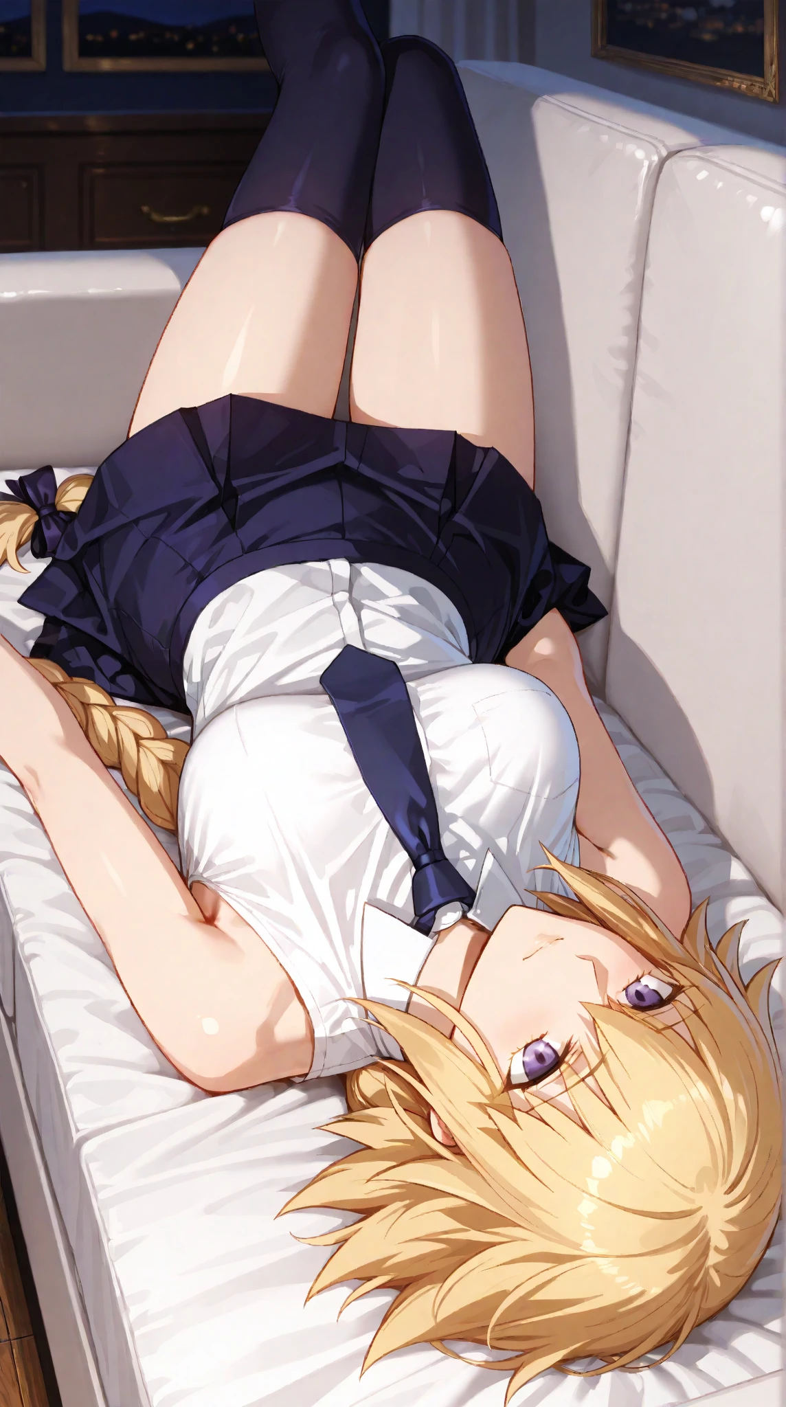 floor、Short skirt，Clothes with intricate details，pattern，Swimsuit，one person，blond，Sexy、Deep sleep、long hair、Stockings