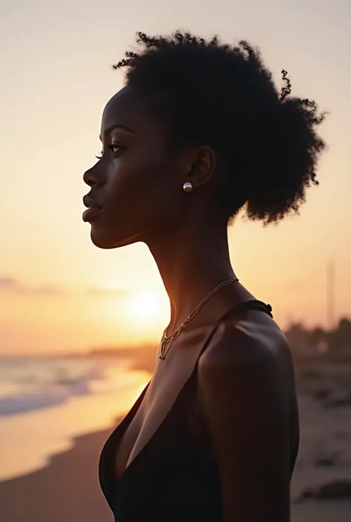 realista, melhor qualidade, foto-realista 8k, melhor qualidade, obra-prima, realista, foto-realista realista, melhor qualidade, foto-realista 8k, melhor qualidade, obra-prima, realista, foto-realista, mulher, 19 anos negra pele escura, biquini fio dental amarelo. Praia so nascer do sol, With your back to the camera, tatuagem no quadril de um crucifixo, looking behind, olhar sedutor, olhos verdes, labios carnudos