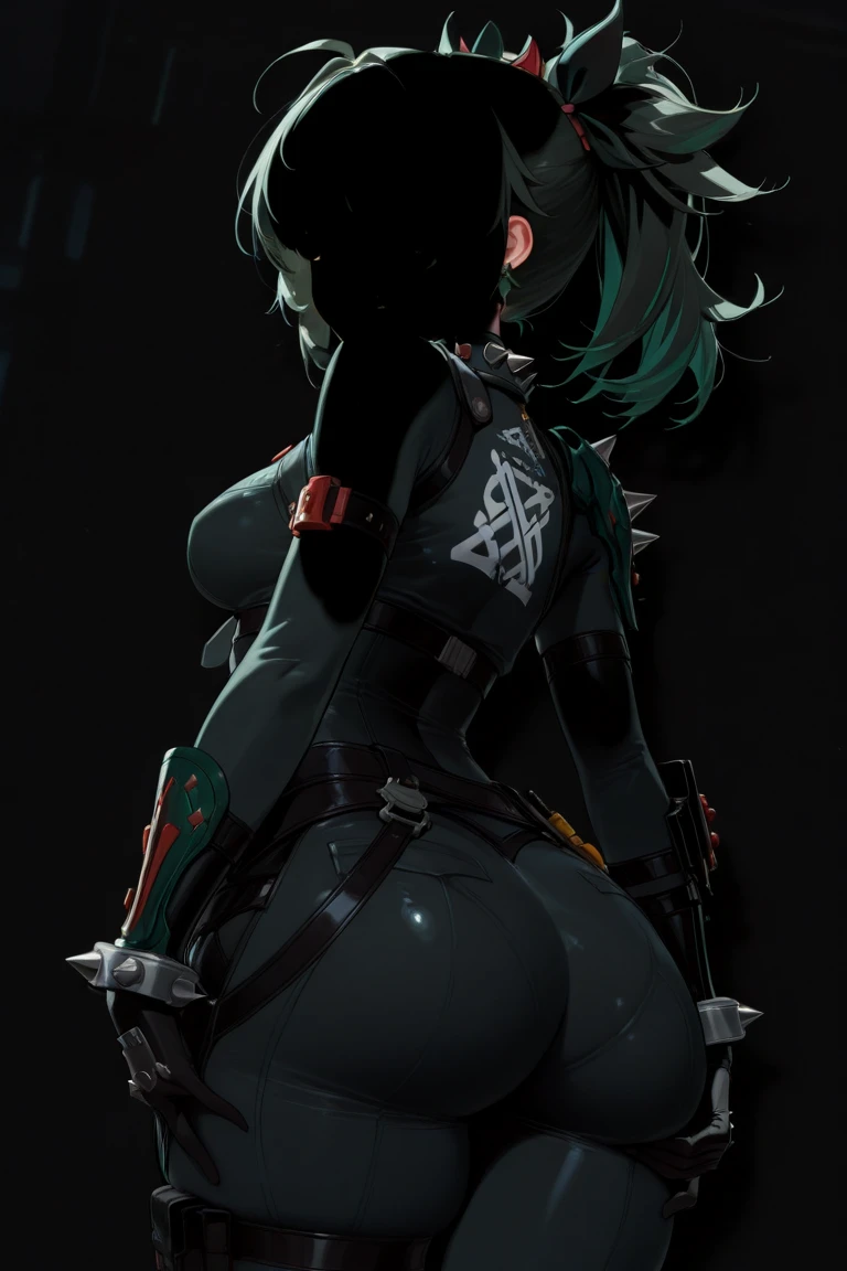 Masterpiece, Best Quality, Highly detailed, illustration, absurdres, street fighter, doll suit, shadaloo doll, girls, multiple girls, expressionless, saluting, military, military saluting, salute, blank eyes, red gloves, emotionless, black latex, corrution, mind control, female combatant, full body, hypnotized, unhappy trance, full body suit, perfect female body, extremely glossy latex, Delmo Uniform, belt, hypnosis, hypnoLora, empty eyes, Mind control device, thigh high, poses, submissive_pose, visor, standing, Slave, collar, gang bang, haigure, slave oufit, full tight leg, military form, skirt, military uniform, hat, thigh-highs, tight miniskirt, tie, kneeling, from behind, heart-shape ass cutout clothing, bodysuit, Transparent buttocks, Butt crack emphasis, facing back, qin liangyu, fate/grand order, black hair, green eyes