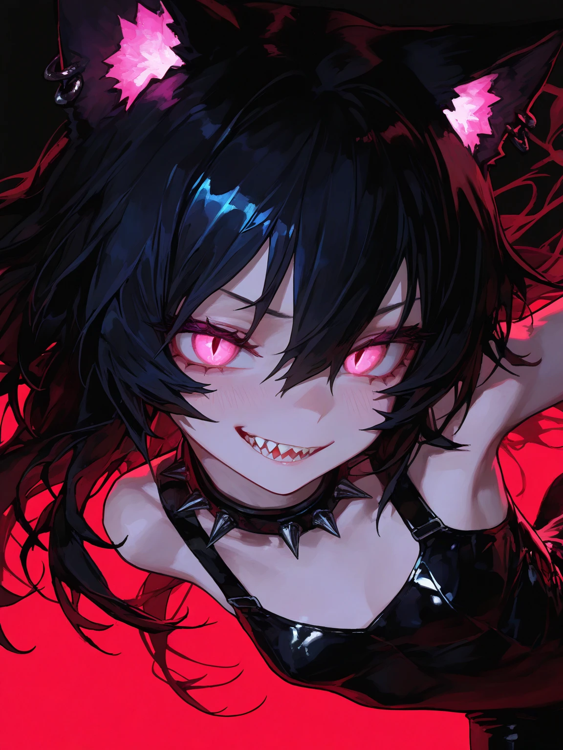 1girl, black hair, long hair, red eyes, cat ears, psychophonky, psychotic, crazy smile, glowing eyes, fangs, sharp teeth, mouth open, tongue sticking out, neon hair