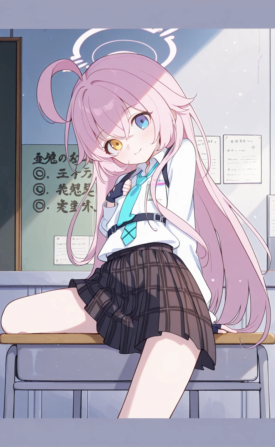 In the classroom,Beautiful Girls' High School,Brightly colored curls,Large, Bright round eyes,Clear blue eyes,Reddening cheeks,Flushing,White dress in minimalist style,Blue bow belt,ribbon on blue,Pink leather shoes and cartoon animal motif,Holding a book in his hand,Smart and curious eyes,Elegant posture and confident smile sweet、Lovely and young atmosphere,Wearing a cute bracelet,pendant,choker necklace,head gear。Wear over-the-knee socks,Leg socks,athletic sneakers。Falling debris and paper。Masterpiece, Best quality, HD, 8K, A high resolution, Super resolution,